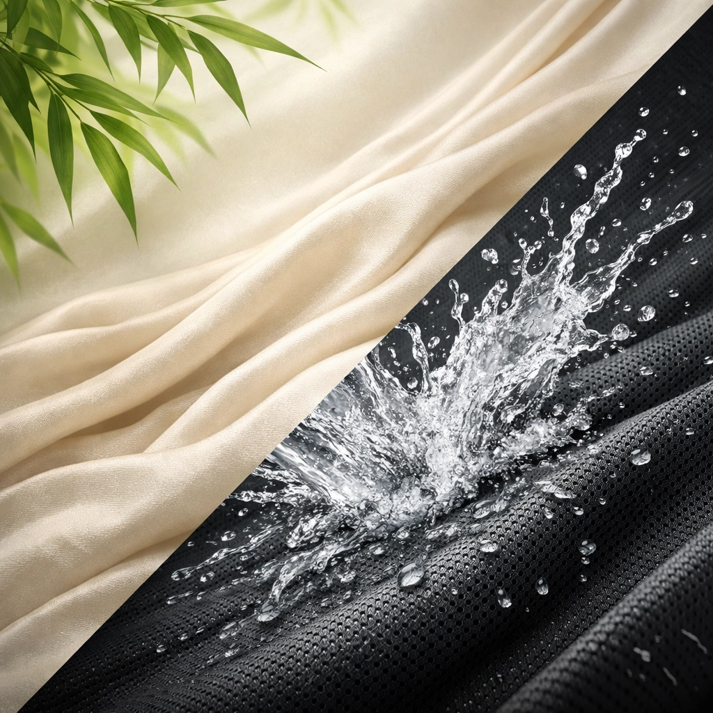 Split view of soft bamboo mens underwear fabric and high-performance moisture wicking polyester mesh.