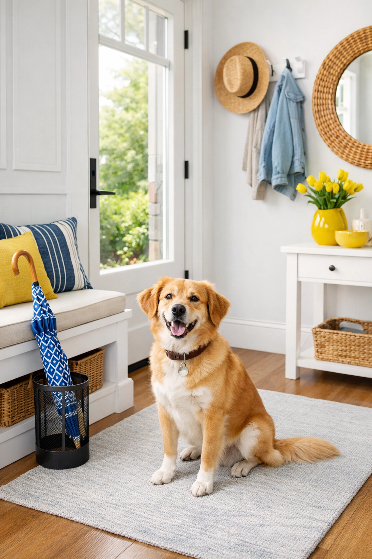 Clean entryway with a happy pet, highlighting pet-friendly residential cleaning services in Natick, MA.