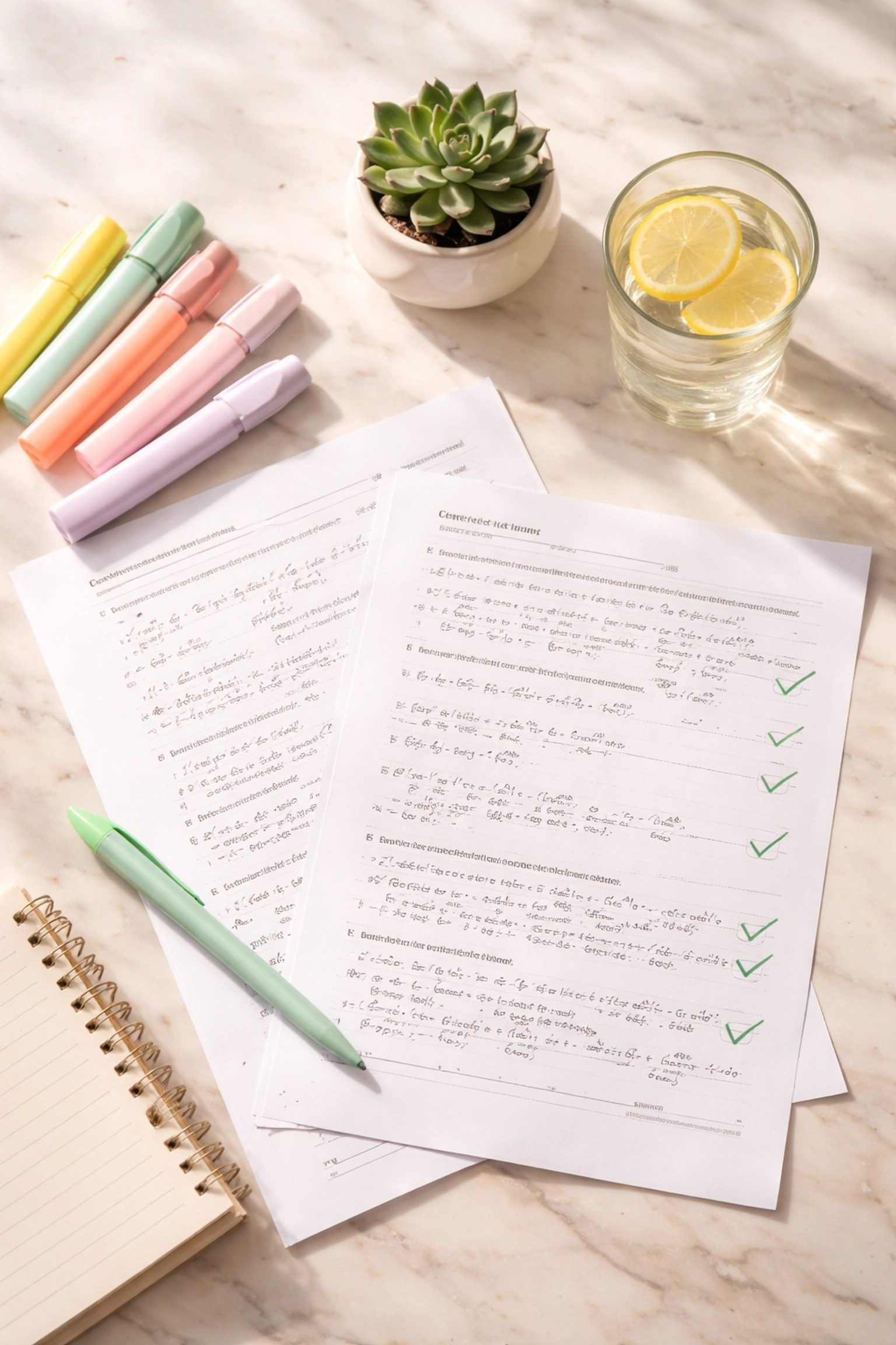 Organized chemistry revision session with practice papers, highlighters, and study notes for GCSE and A Level