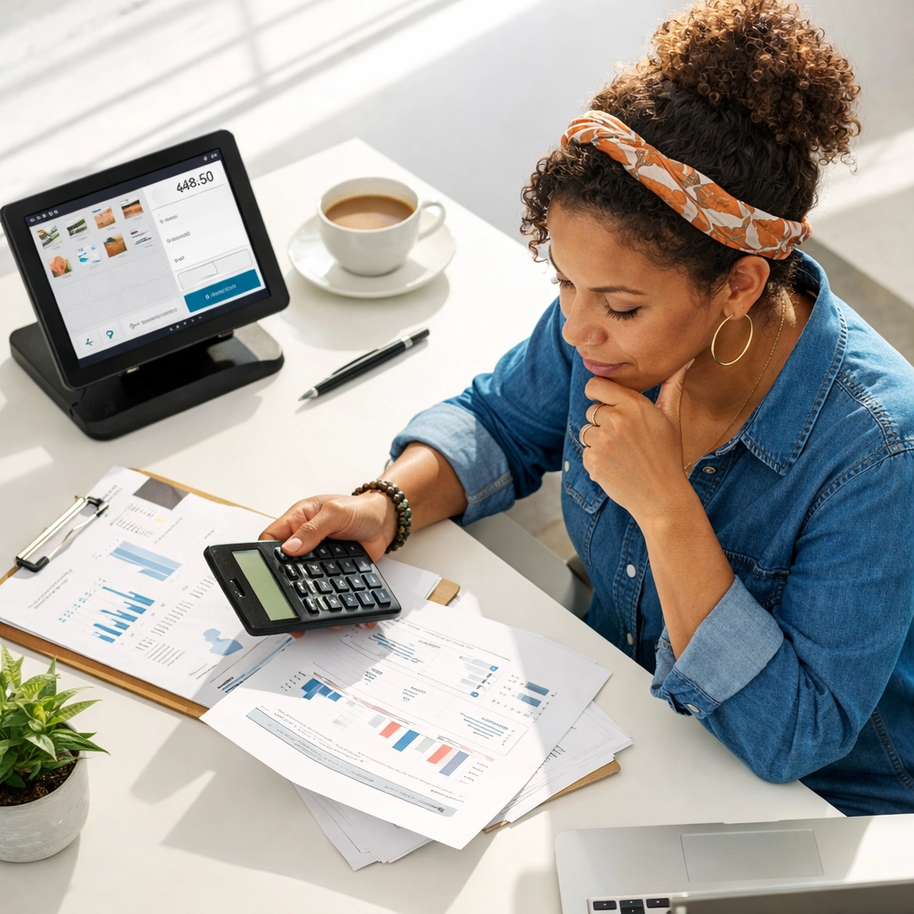 UK business owner reviewing POS system options at desk