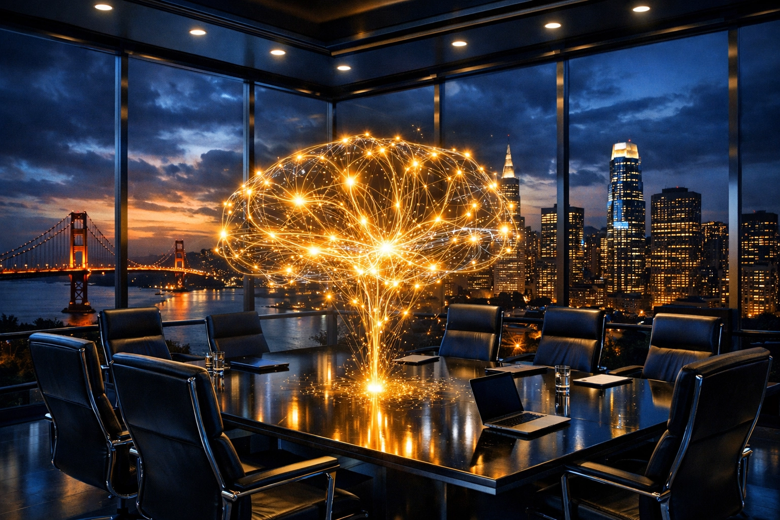 Futuristic San Francisco boardroom with a glowing AI network representing trends in California business.