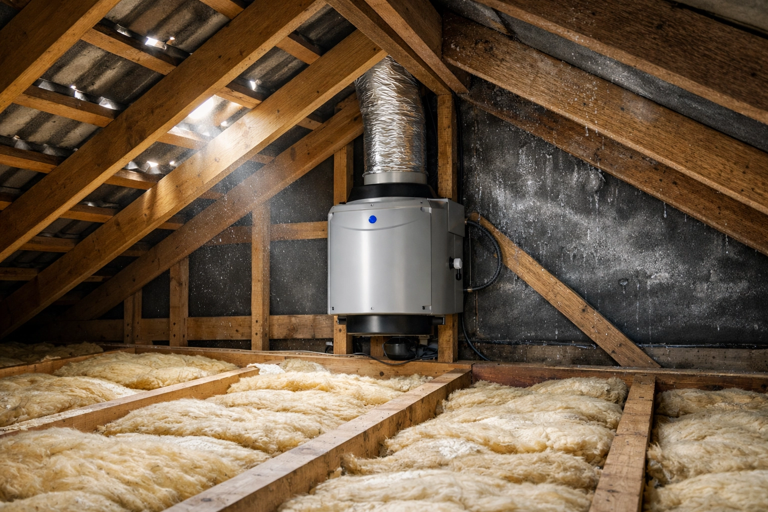 PIV unit installed in UK loft space with insulation showing proper ventilation setup