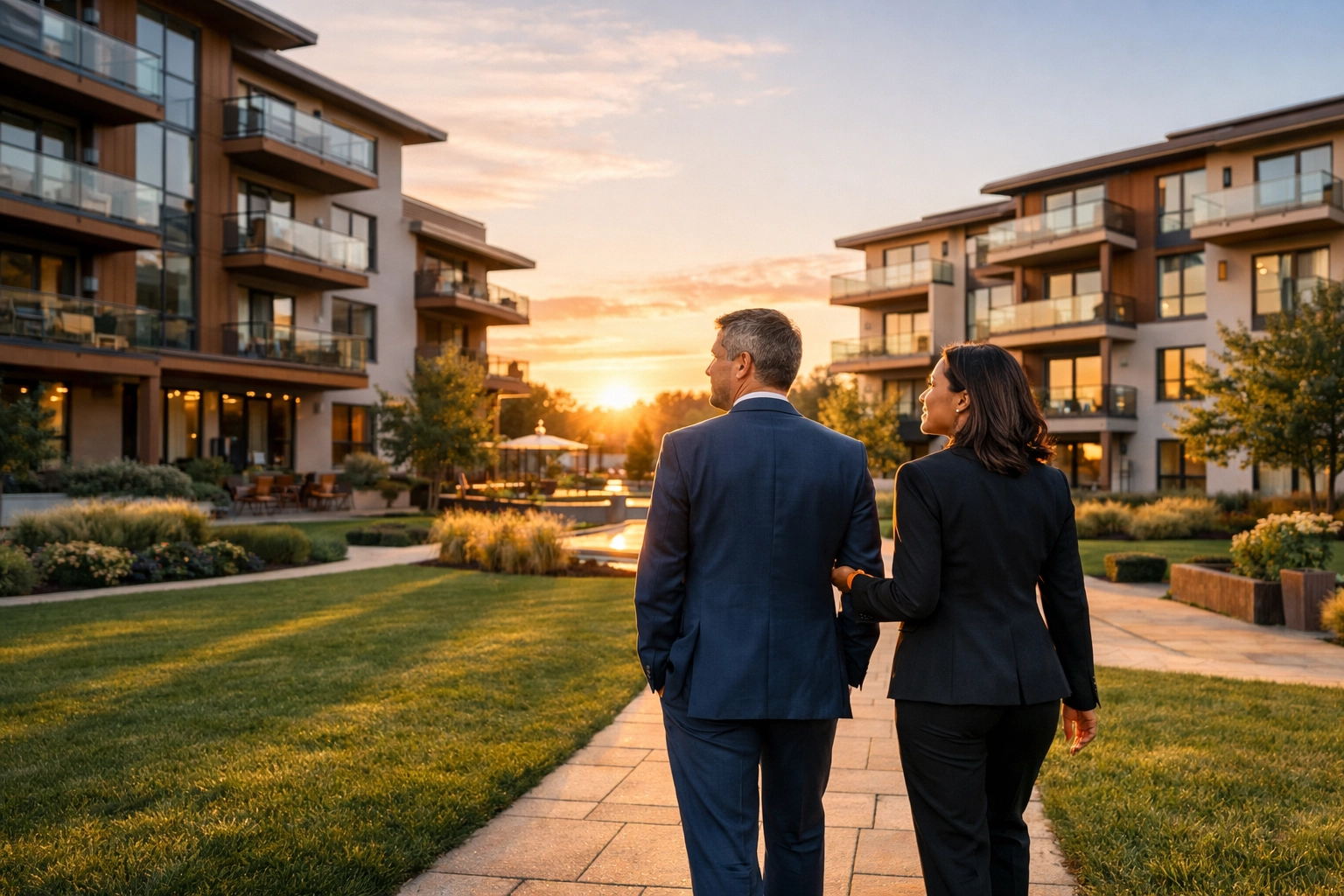 Professionals walking through a managed property to ensure stability and continuity after a business sale.