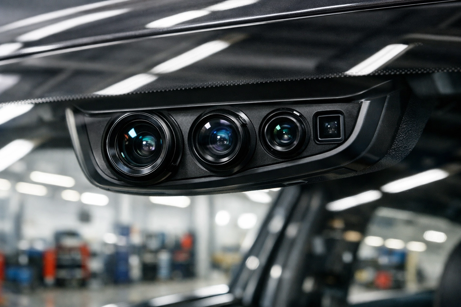 Close-up of a luxury car's windshield camera array requiring precision ADAS calibration and expert alignment.