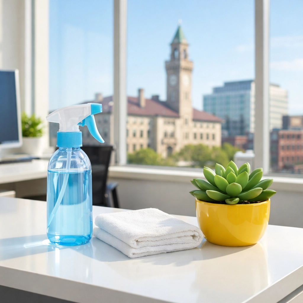Eco-friendly office cleaning in Worcester MA showing a professional desk with a microfiber cloth and cleaning spray.