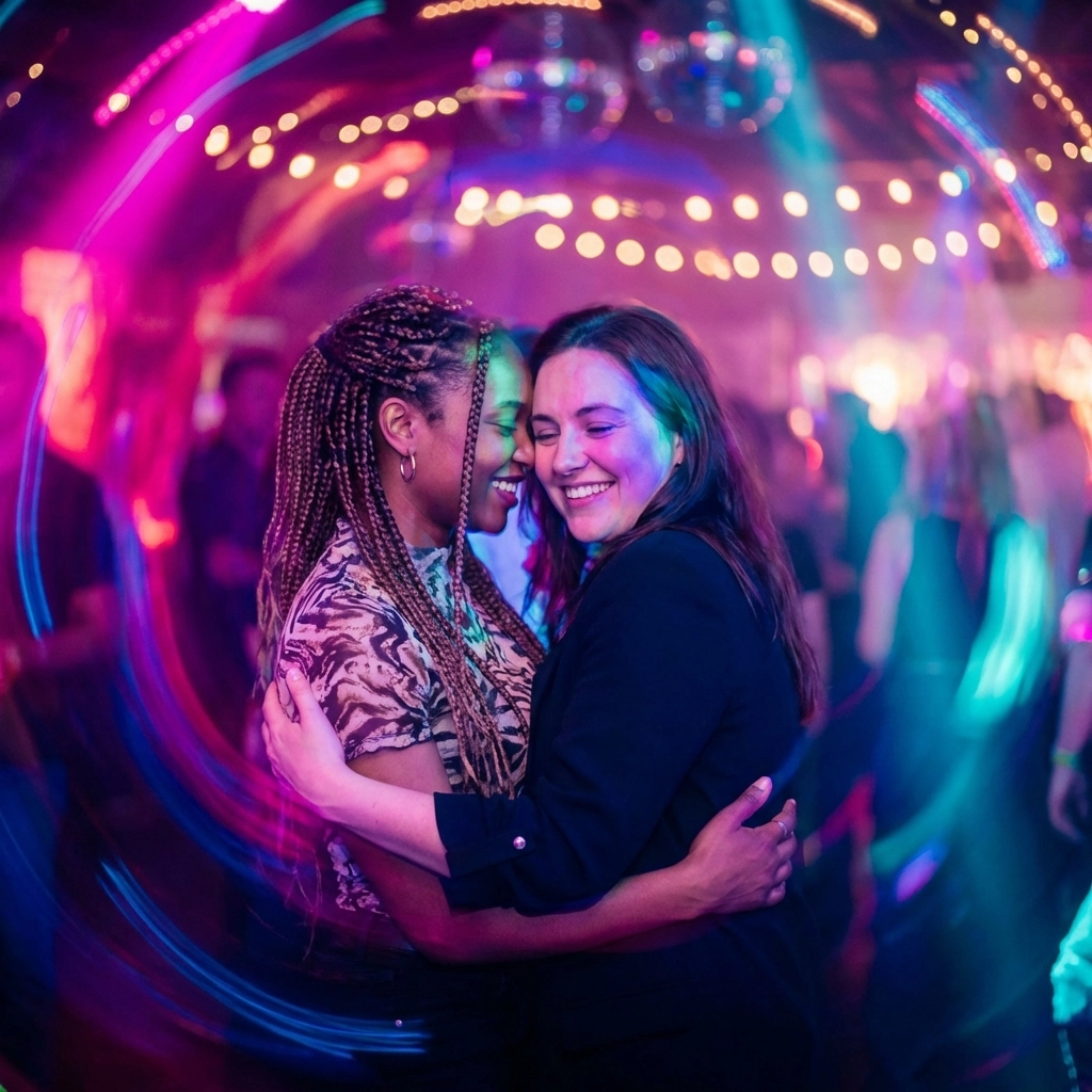 Two women dancing in pink and blue neon lights representing bisexual anthem Make Me Feel