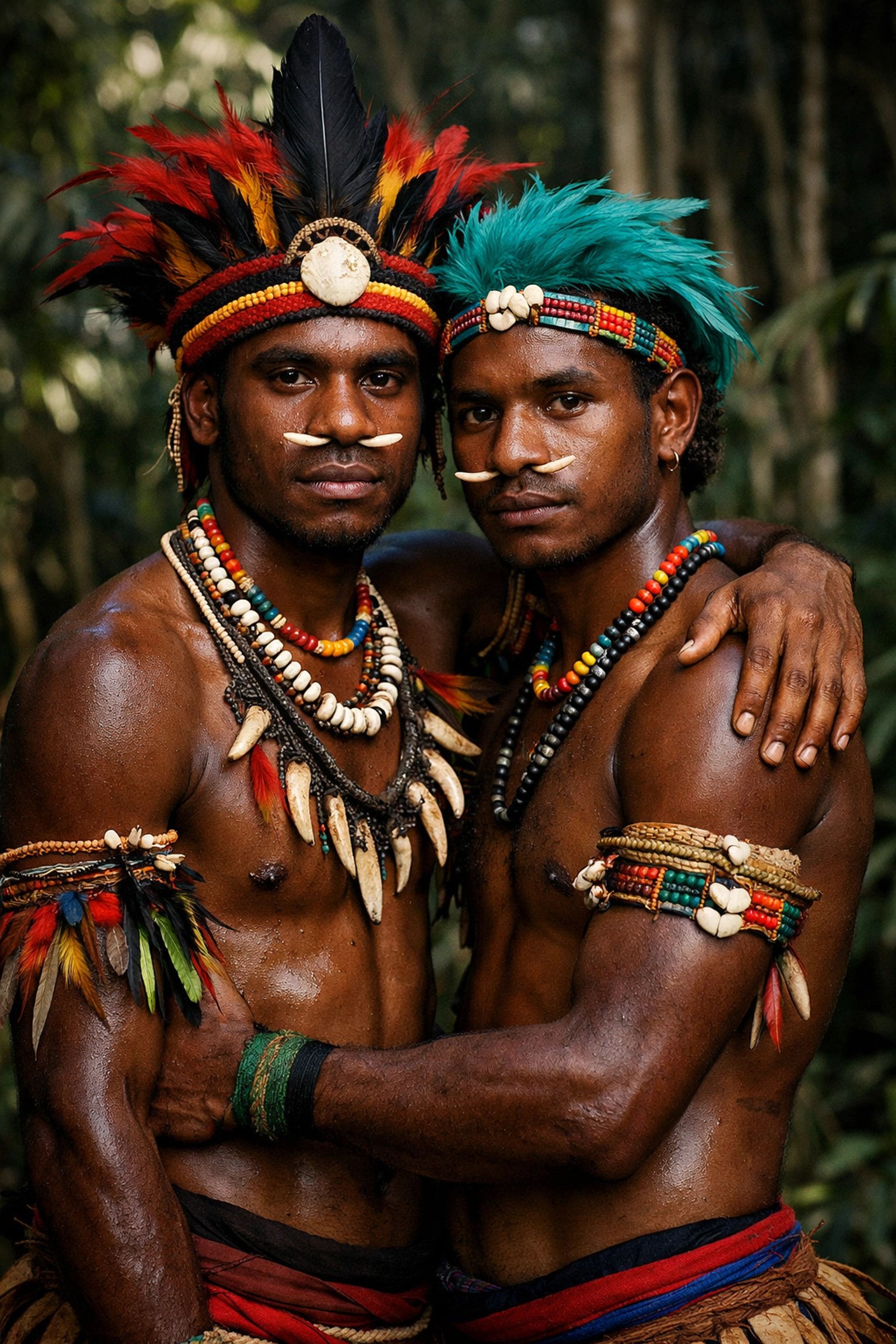 Young Etoro men in traditional ceremonial dress representing indigenous LGBTQ+ history