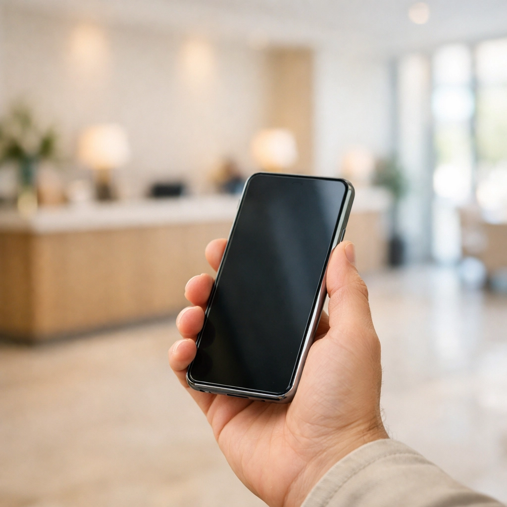 A guest using a smartphone for digital check-in in a modern hotel lobby with no waiting lines.