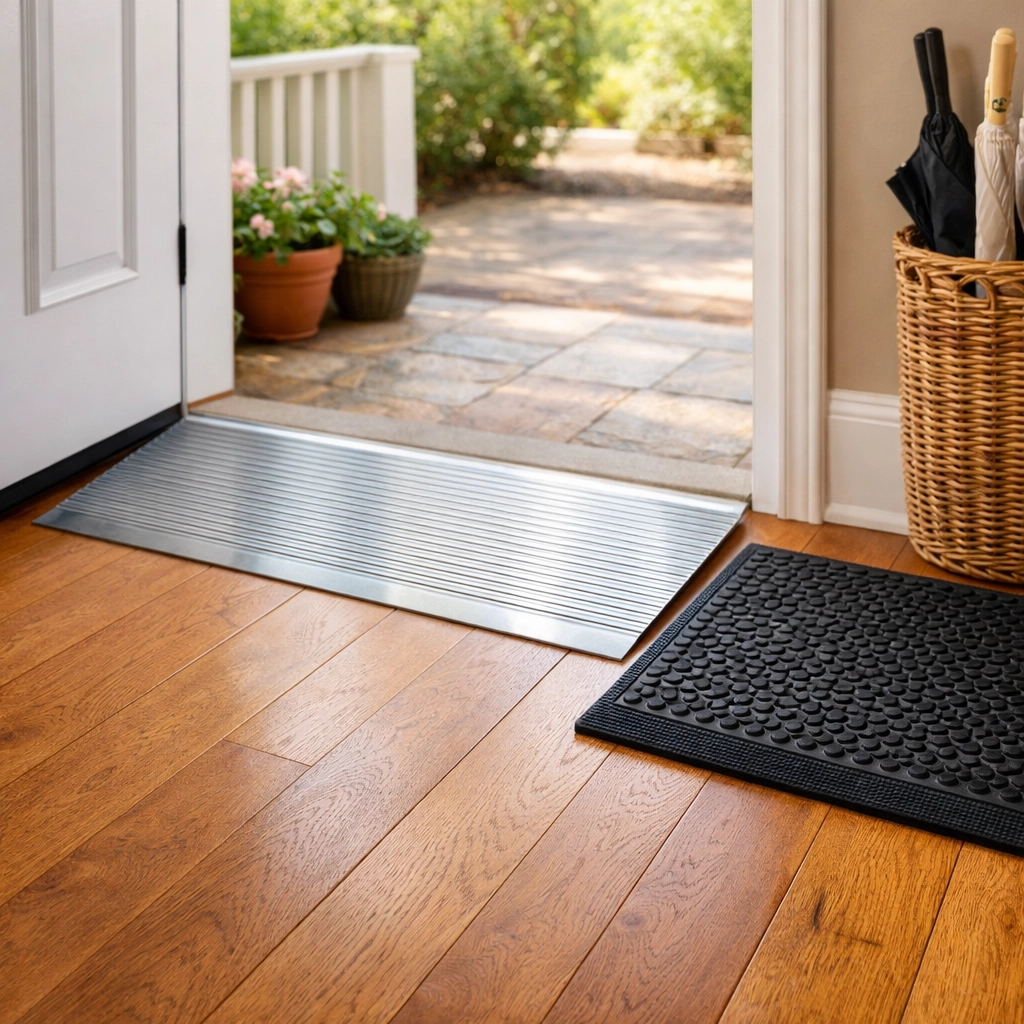 A low-profile aluminum threshold ramp providing a smooth, trip-free entry into a home's doorway.