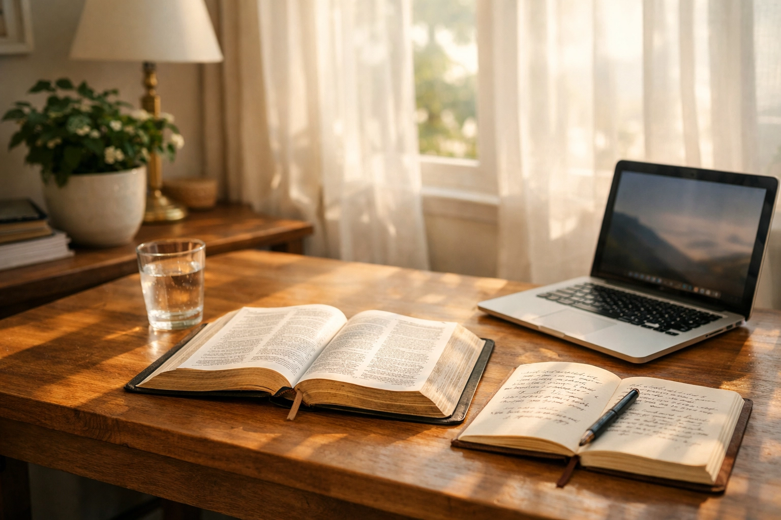 Home workspace with open Bible, laptop and journal - consistent daily Bible study routine