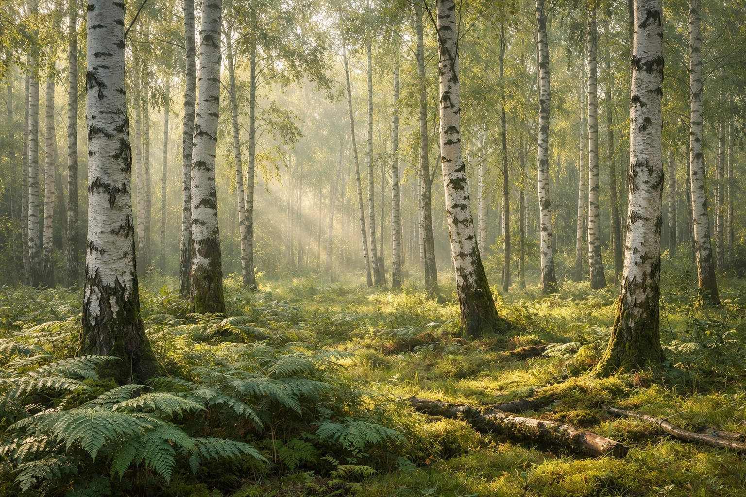 Jasny polski las brzozowy o poranku – naturalne źródło składników do tradycyjnych potraw.