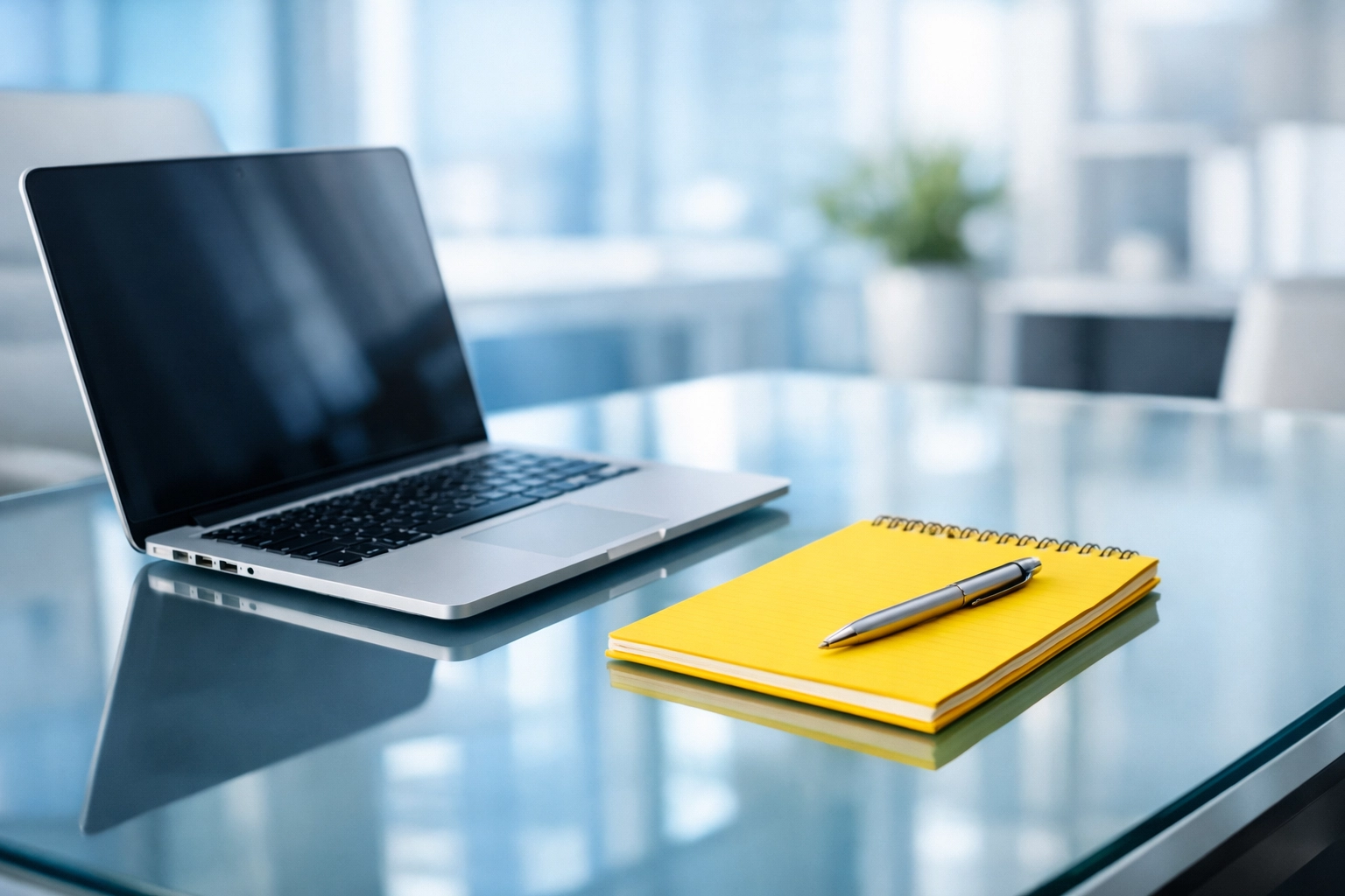 Sanitized executive workstation with a polished glass desk in a clean office environment.