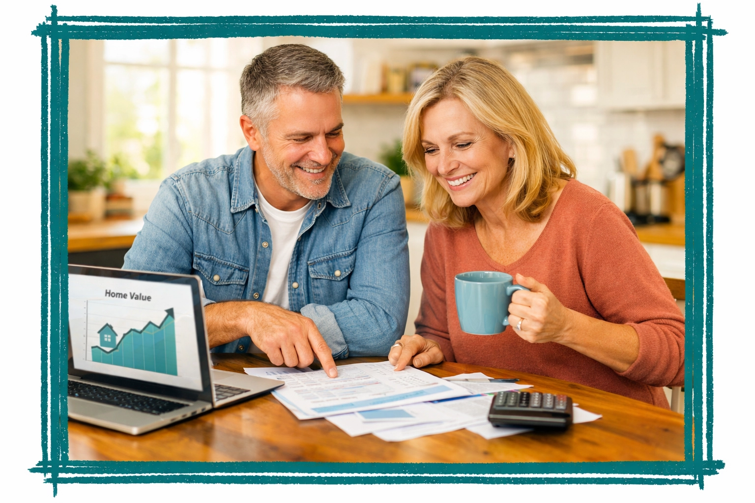 Couple reviewing home equity documents and financial planning at kitchen table Couple reviewing home equity documents and financial planning at kitchen table