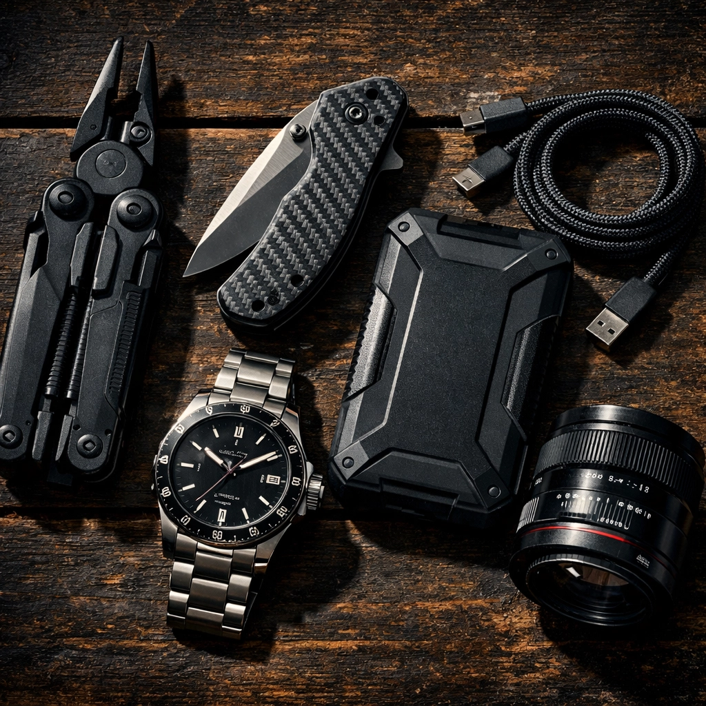 Essential photography gear and tactical EDC accessories on a dark wooden surface