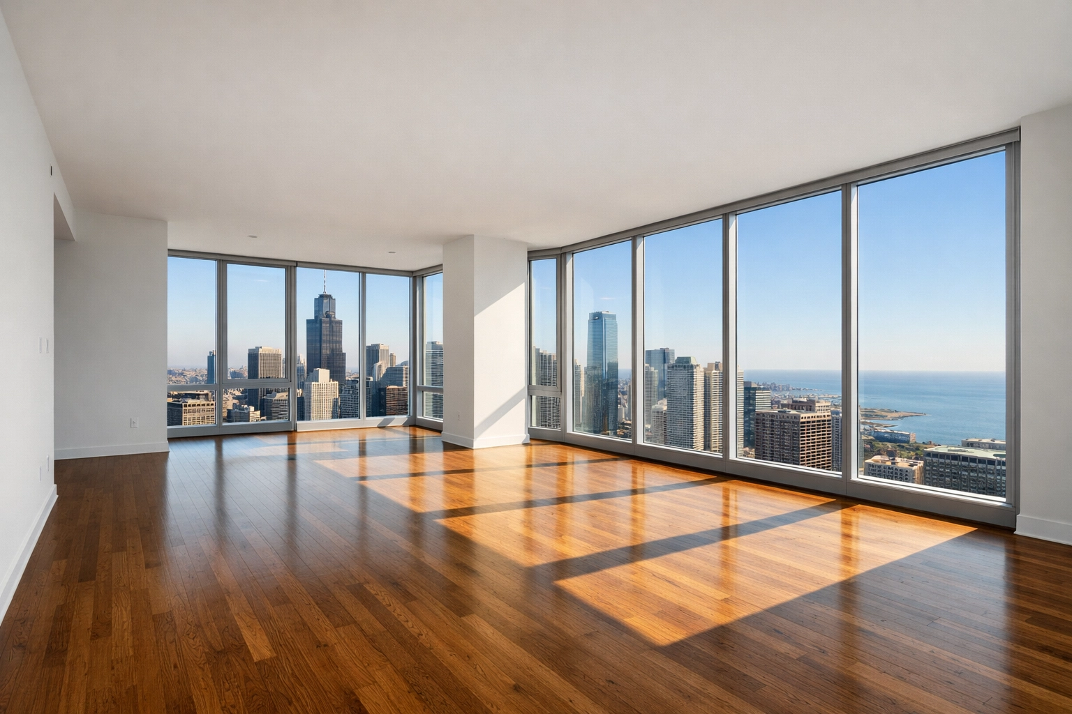 Professionally cleared Chicago high-rise apartment with clean hardwood floors ready for new tenants.