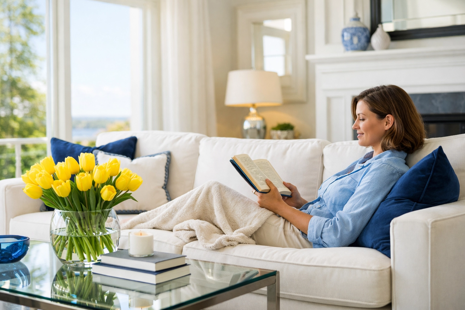 Homeowner relaxing in a spotless living room after professional house cleaning in Pepperell MA.
