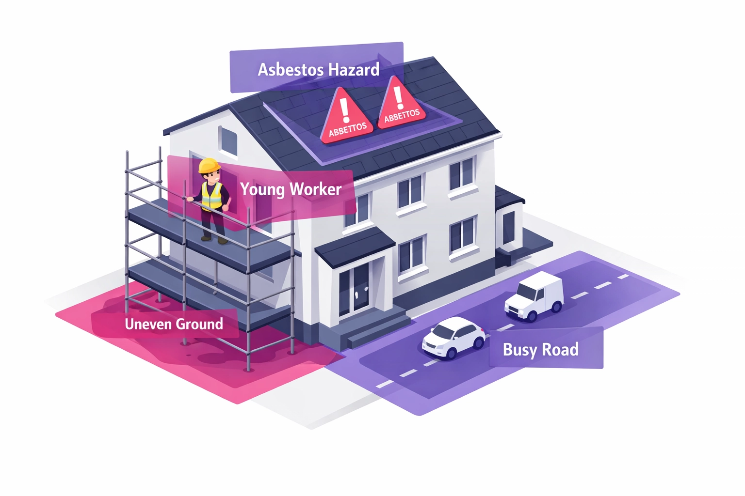 Construction site scaffolding showing multiple hazards requiring site-specific risk assessment