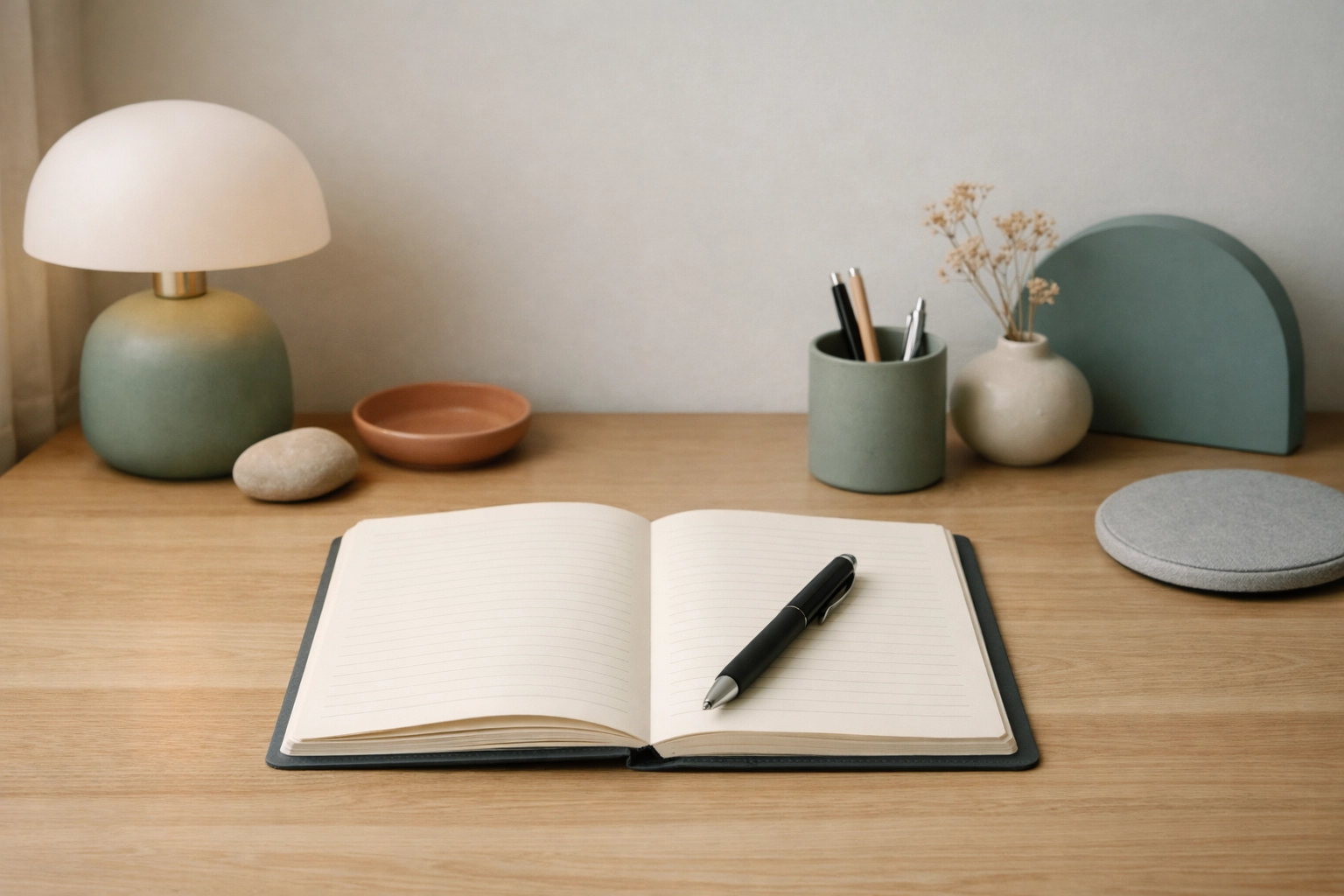 Minimalist desk setup with a journal in soft natural light, muted teal and earthy tones