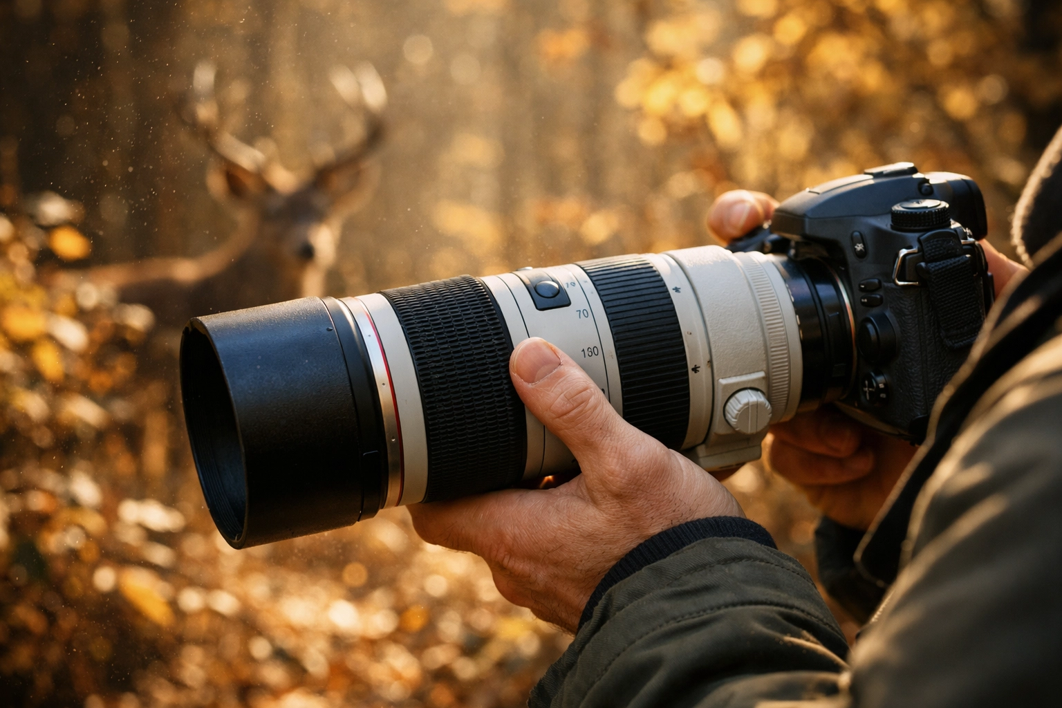 Photographer hand-holding a telephoto lens using manual mode settings to prevent motion blur.