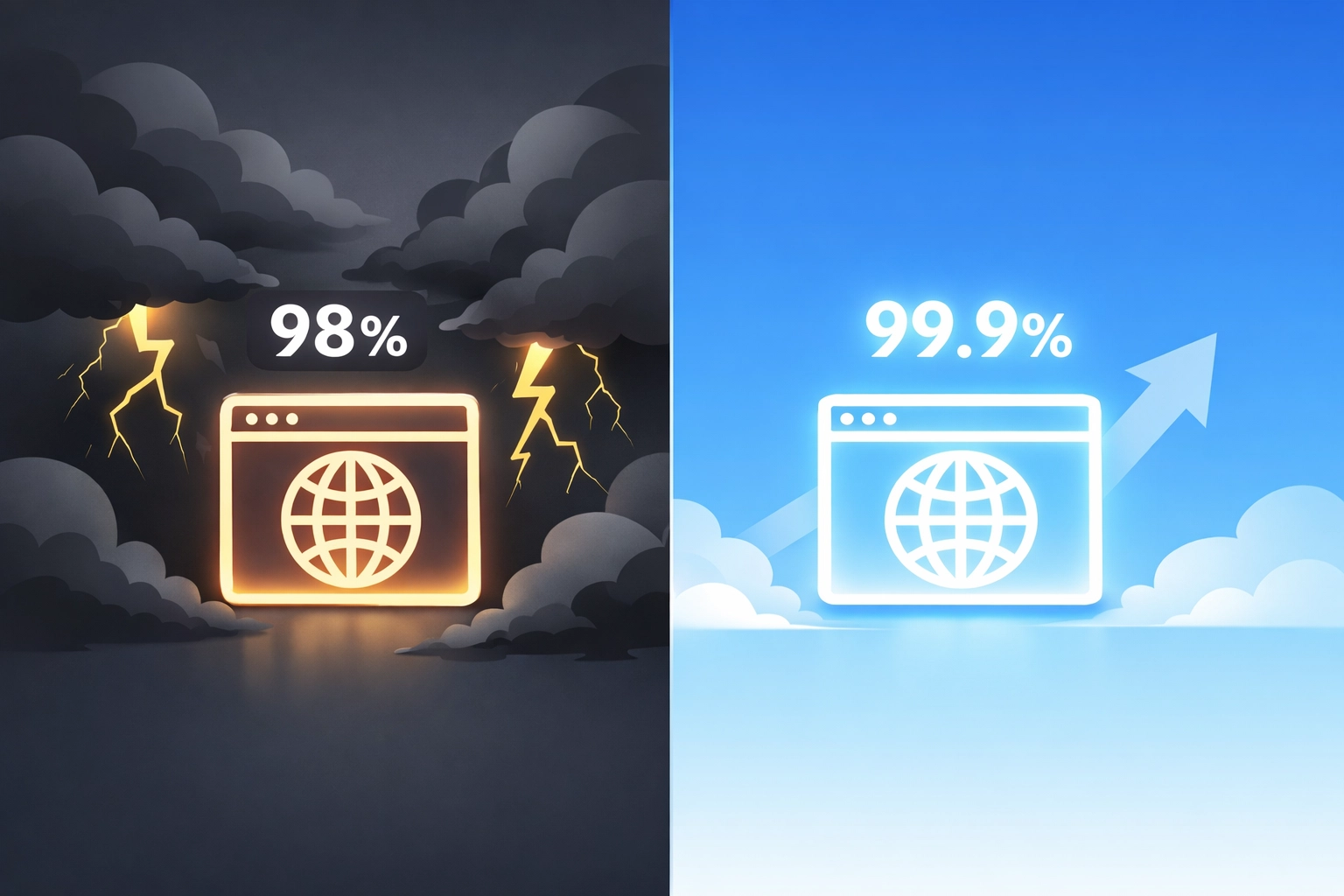 Comparison of 98% uptime vs 99.9% uptime showing downtime impact on Venice business websites