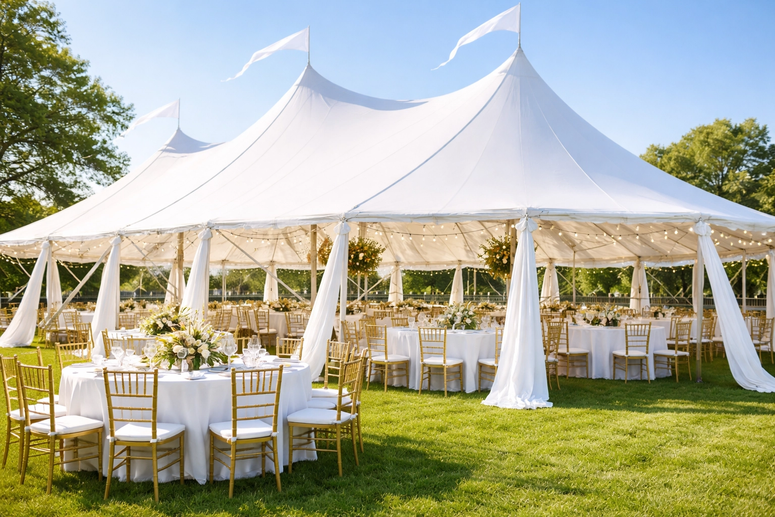 Elegant white pole tent with Chiavari chairs set for an outdoor wedding on green lawn under string lights