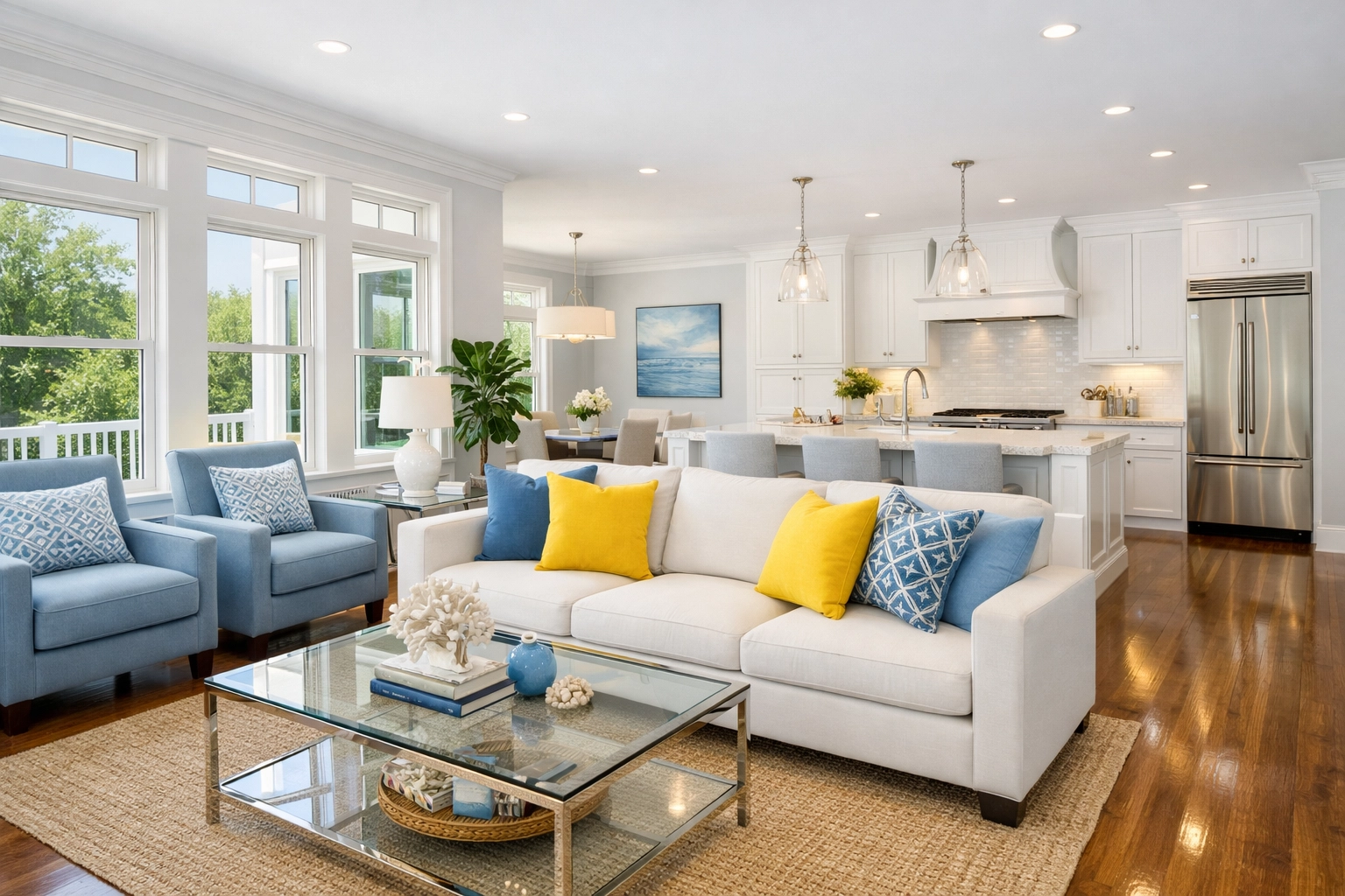 Sun-drenched home interior following a professional post-construction deep clean.