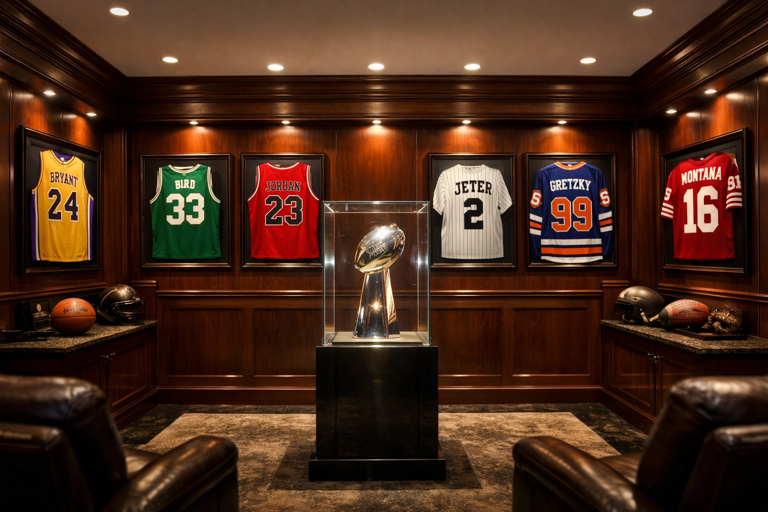 Professional display of framed jerseys and limited edition memorabilia in a luxury private collection room.