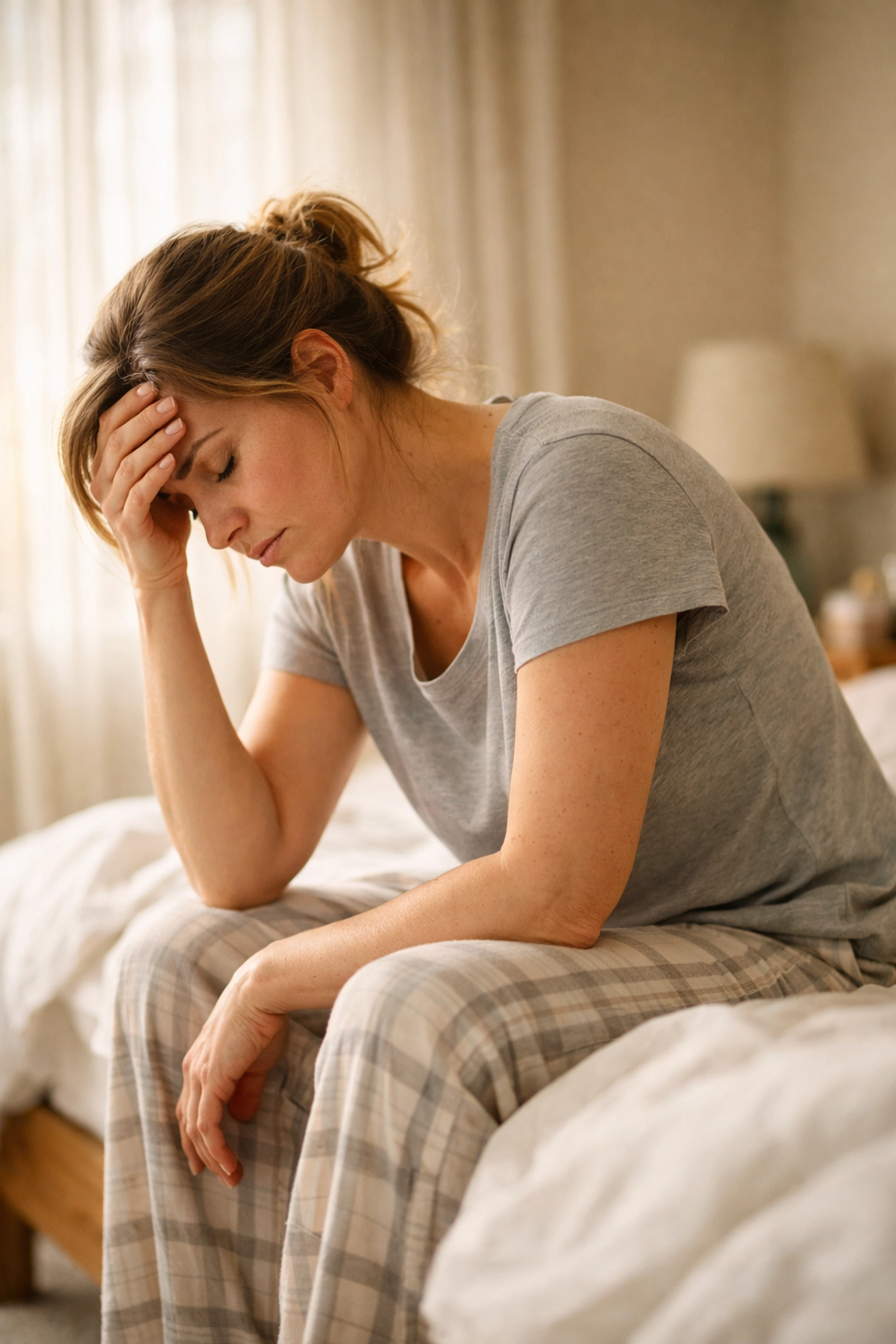 Woman exhausted on bed showing signs of burnout and nervous system fatigue