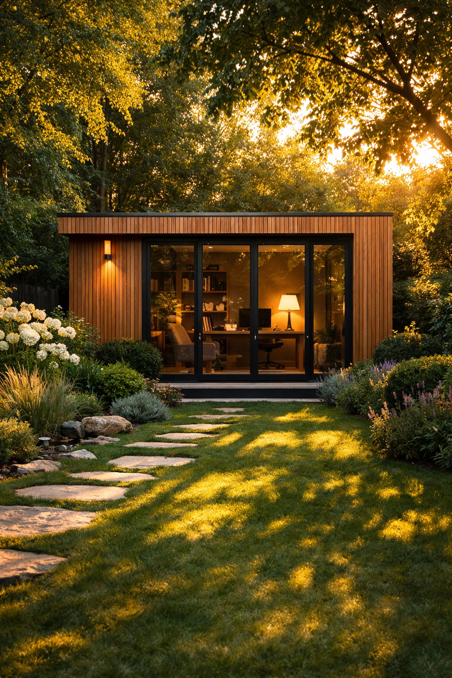 A bespoke cedar-clad garden room in West Sussex, used as a private home office in a landscaped garden setting.