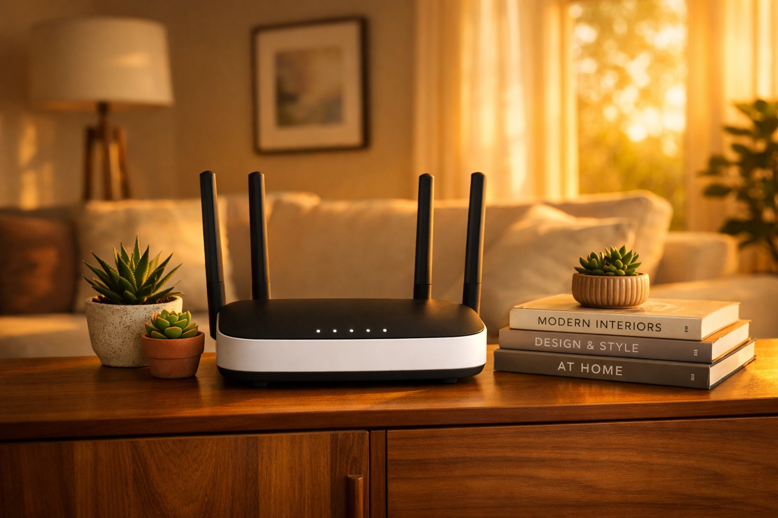 A stylish WiFi router in a living room, highlighting an expert home service setup by a utility concierge.