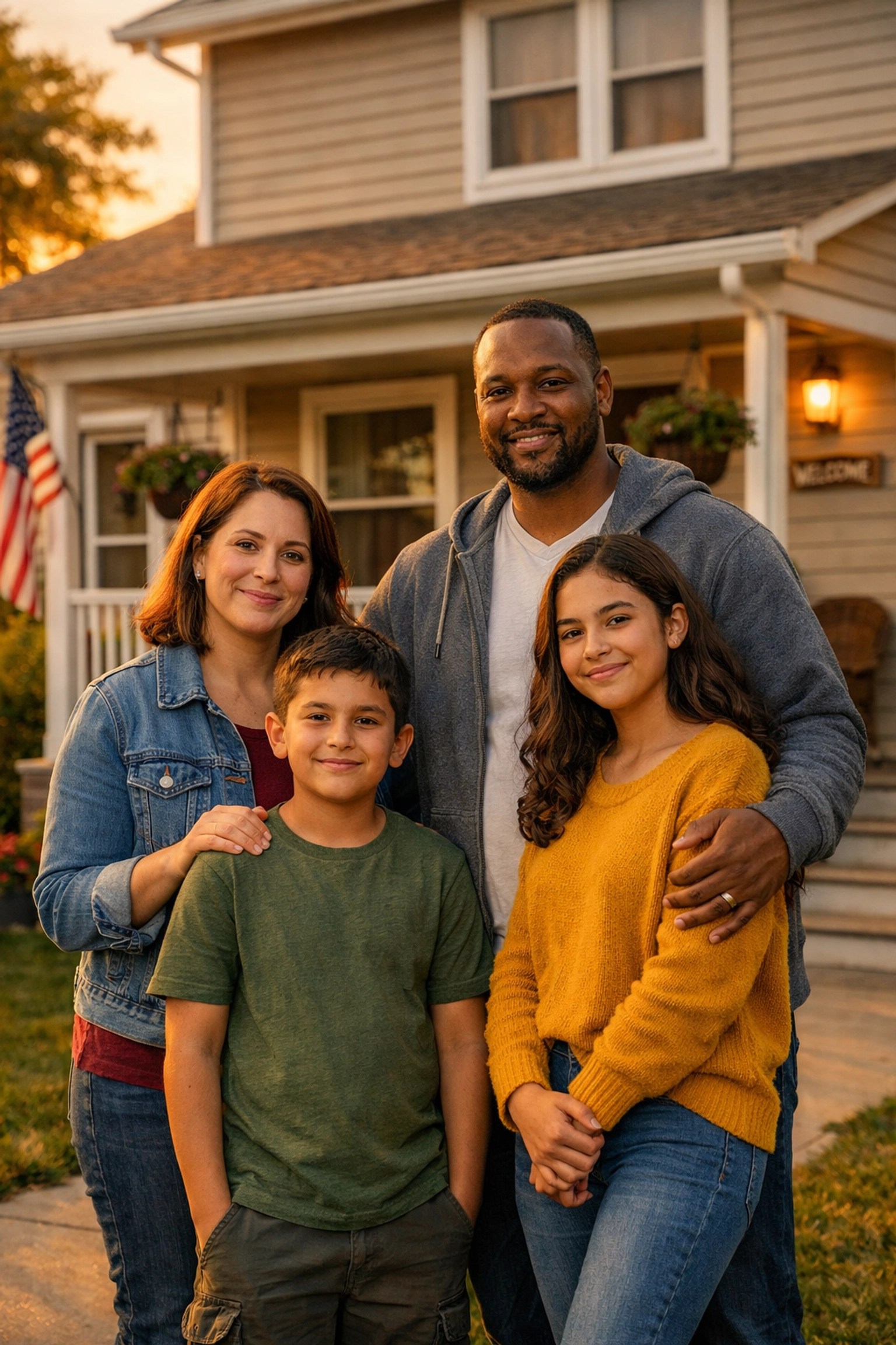 Drive photo: A diverse family standing outside their home in warm daylight with a Family ReBuild partner nearby; authentic, hopeful moment highlighting stability and dignity