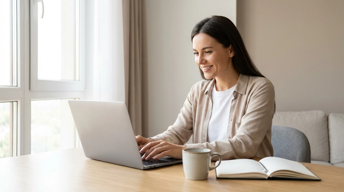 Business professional working on a laptop at a tidy desk in a modern short-term rental, bright daylight, stock-style photo.