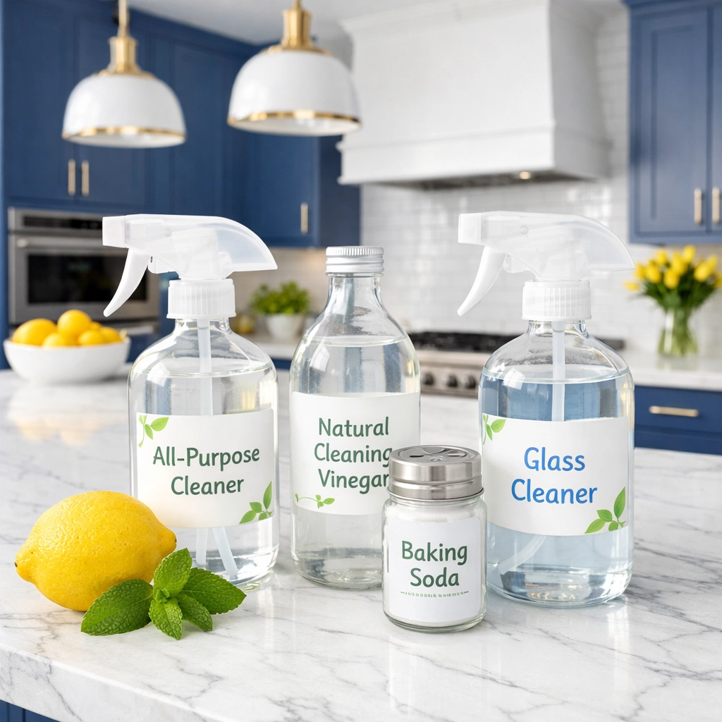 Eco-friendly house cleaning supplies on a bright Leominster MA kitchen countertop.