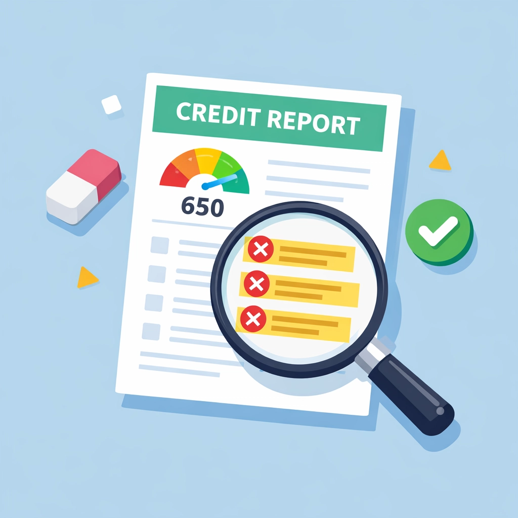 Revisión de reporte de crédito con lupa identificando errores que afectan el score