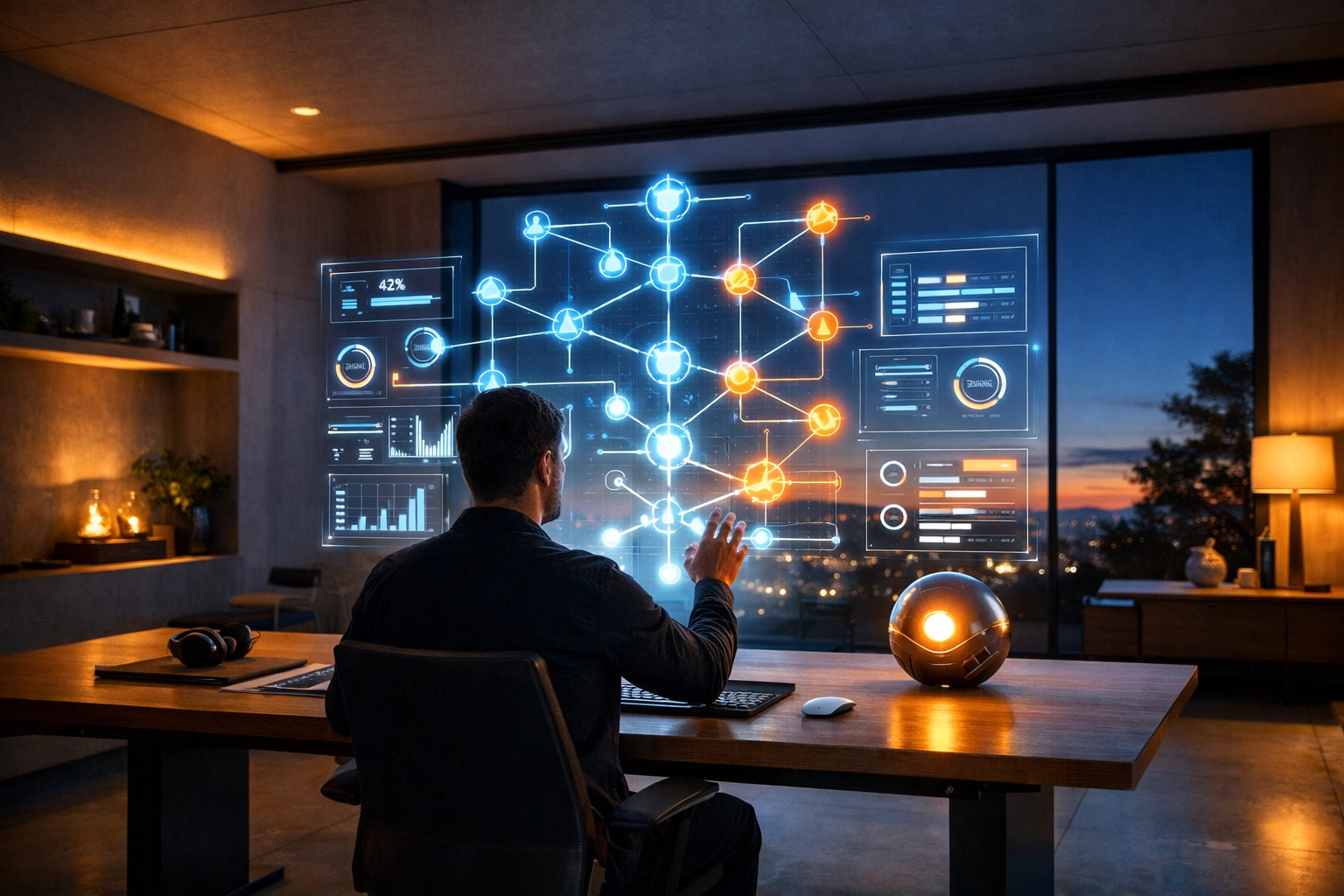 A professional using an AI tutor and holographic skill-tree to track daily micro-learning progress.