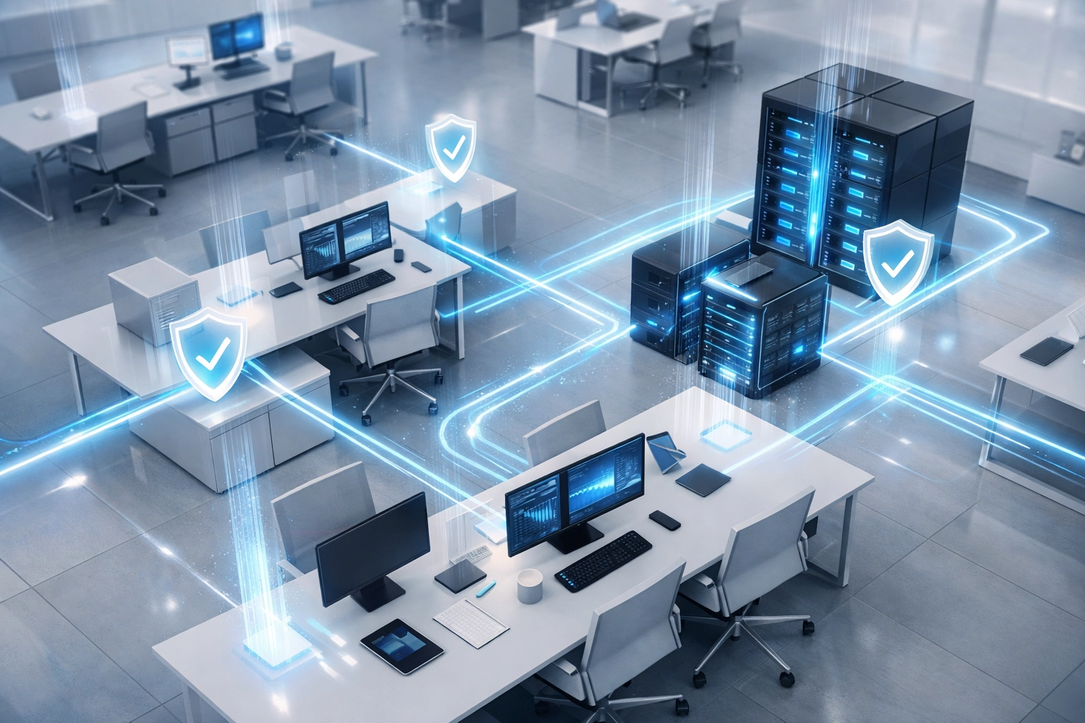 Connected office network showing managed IT services monitoring and security protection for businesses