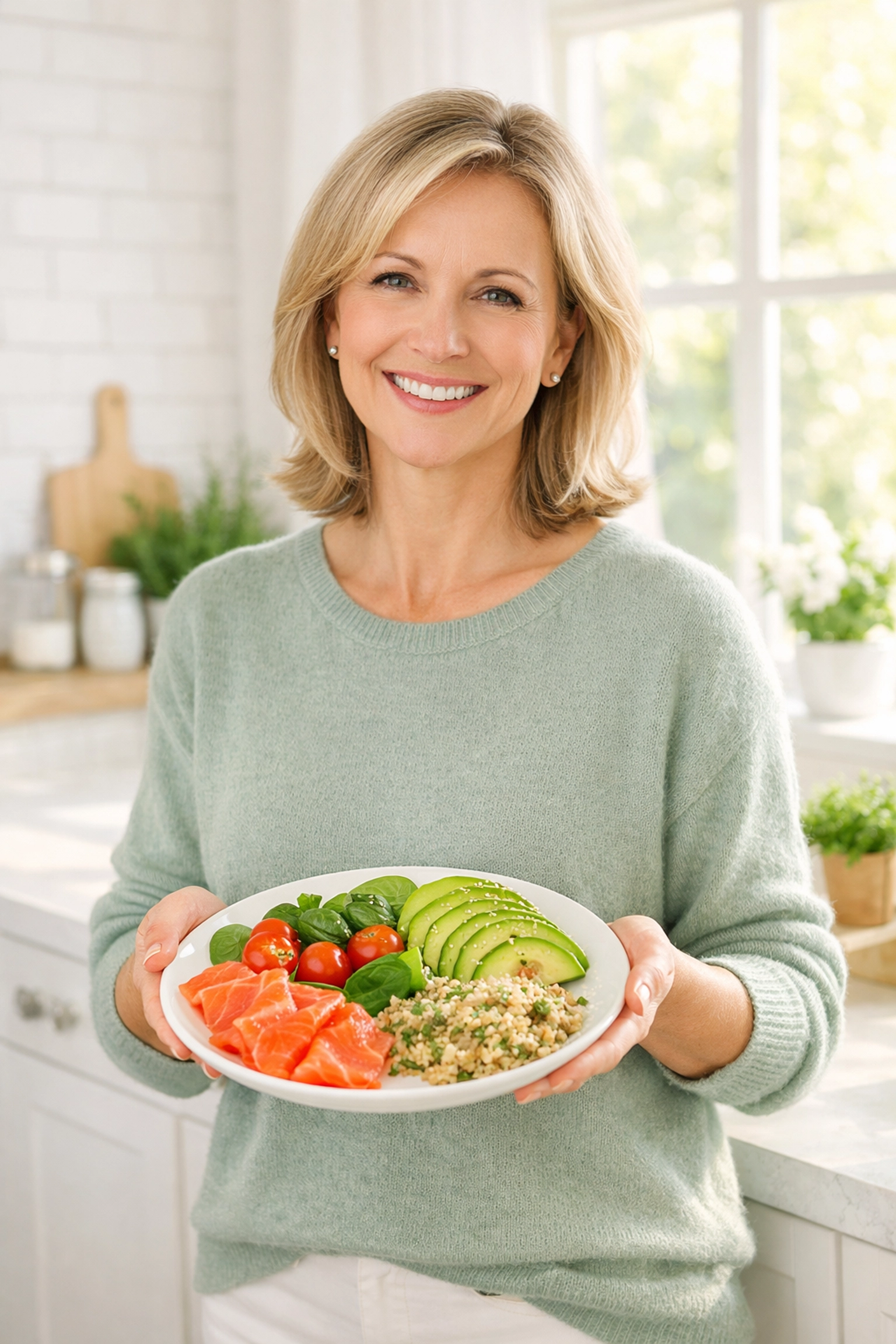 Woman holding nutritious breakfast with salmon and avocado for menopause brain fog relief