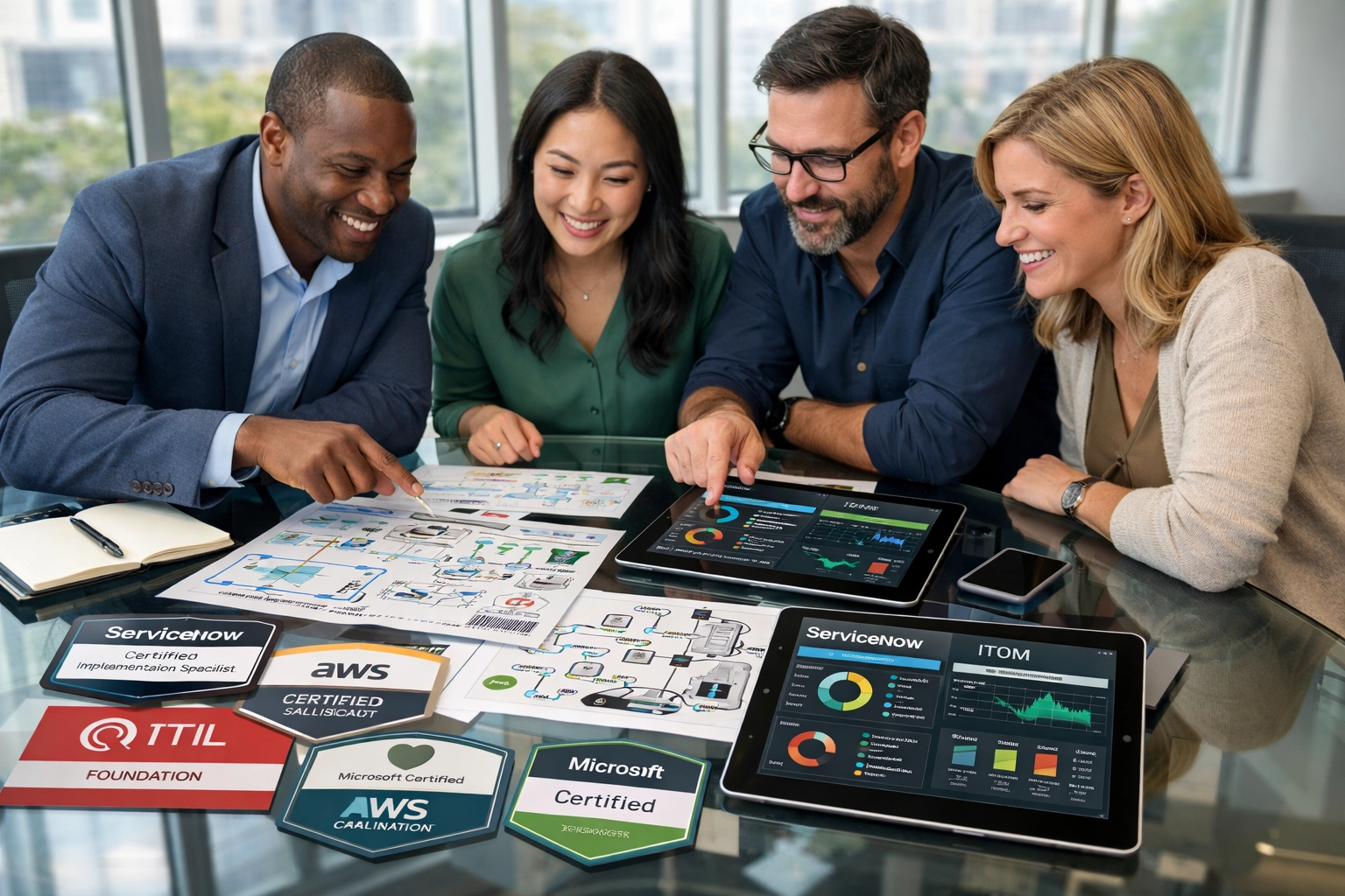 ServiceNow consultants reviewing ITOM and ITAM certifications and technical architecture diagrams