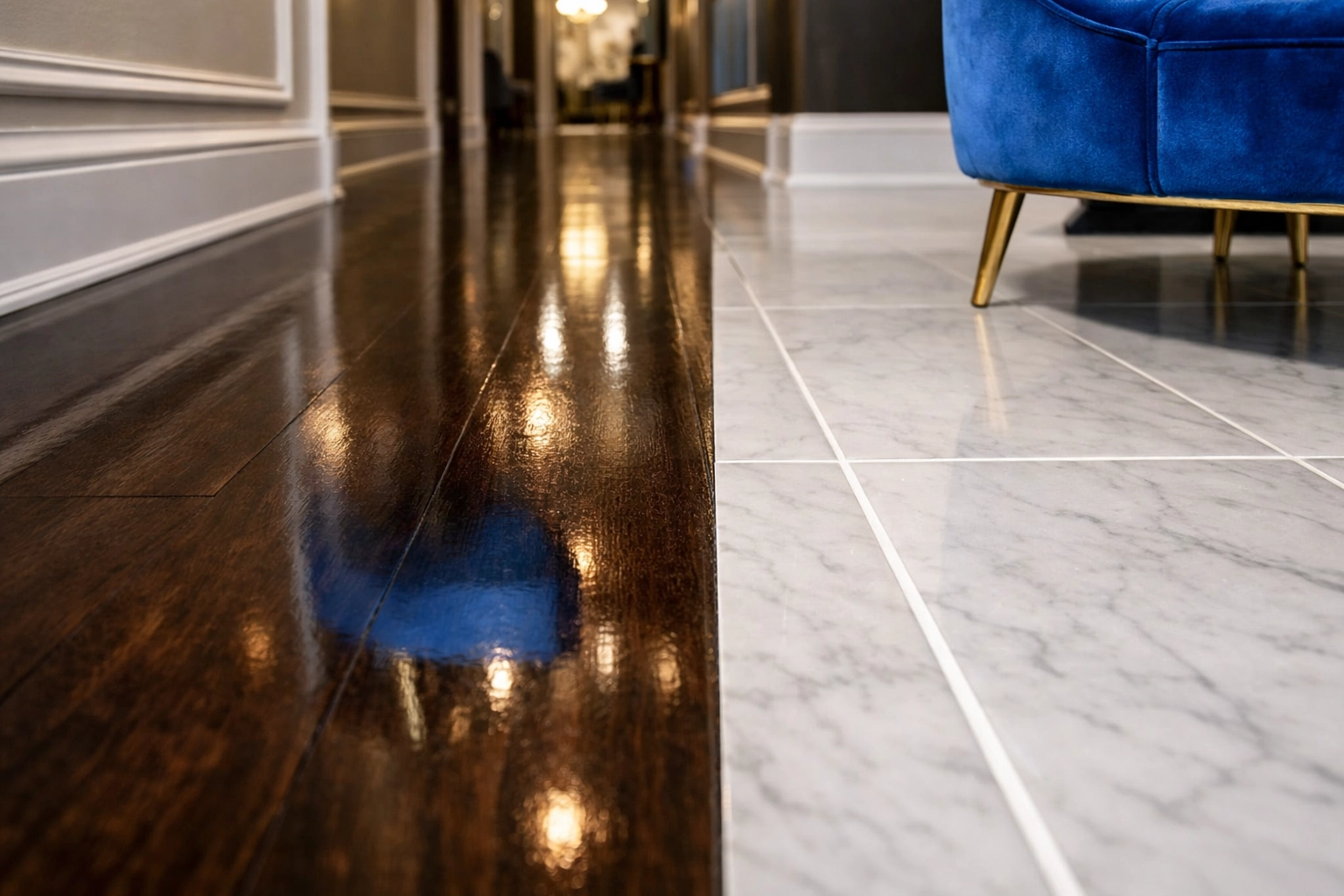 Polished hardwood floors and clean tile entryway maintained by professional Natick cleaners.