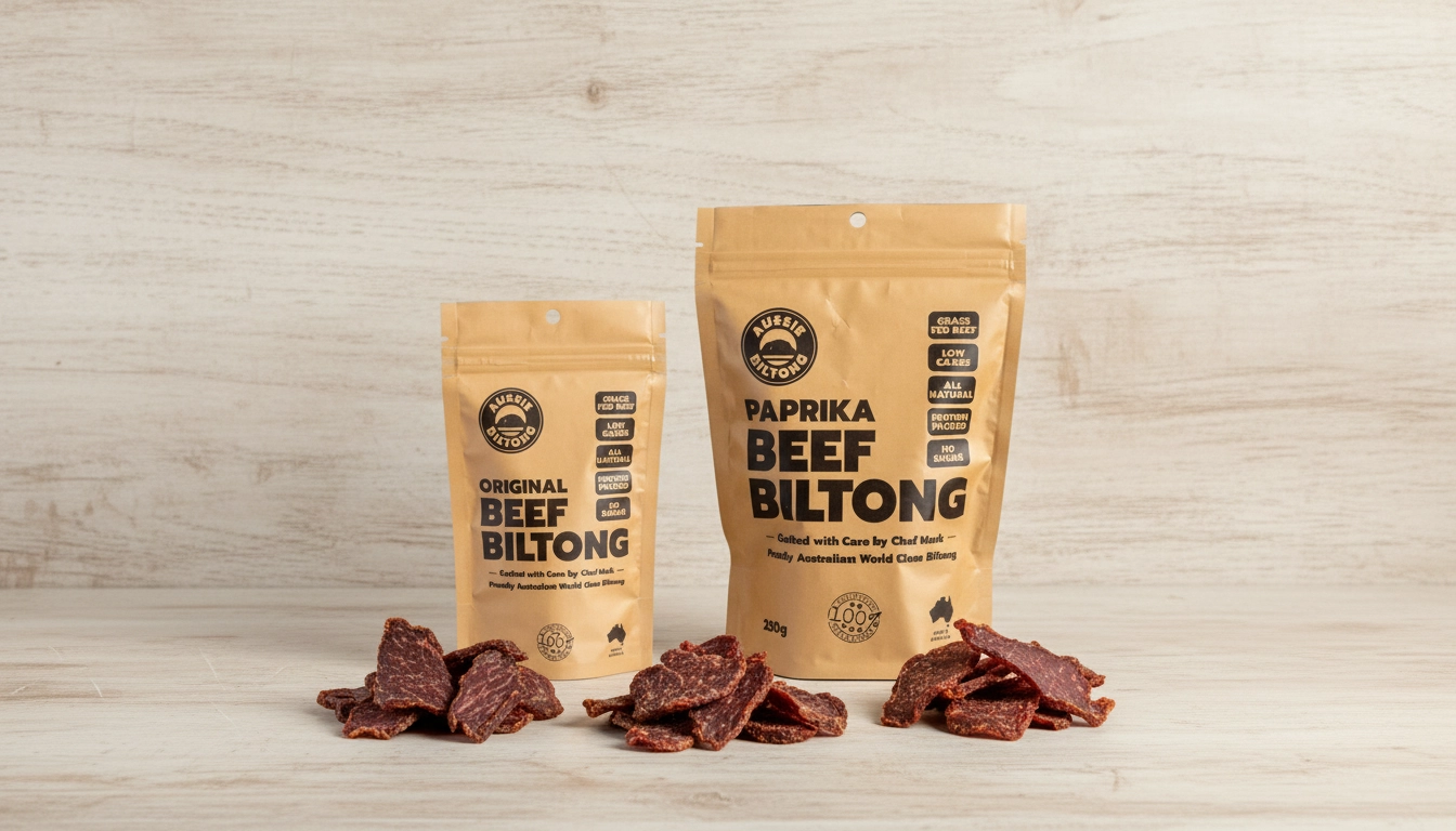 Paprika and Original Aussie Biltong packs with tender slices, bold spice, premium healthy meat snacks, high protein snacks for active Aussies