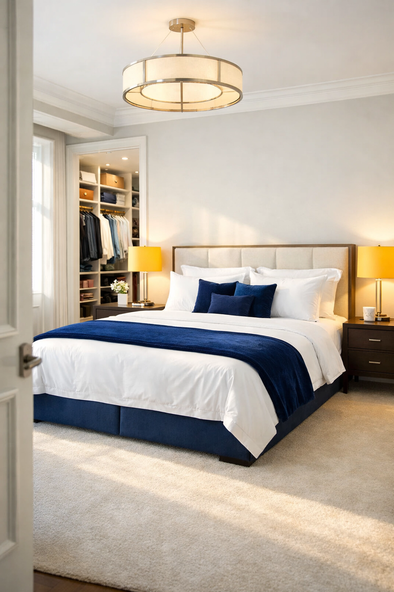 Impeccably clean Shrewsbury master bedroom with perfectly made bed and organized luxury closet.