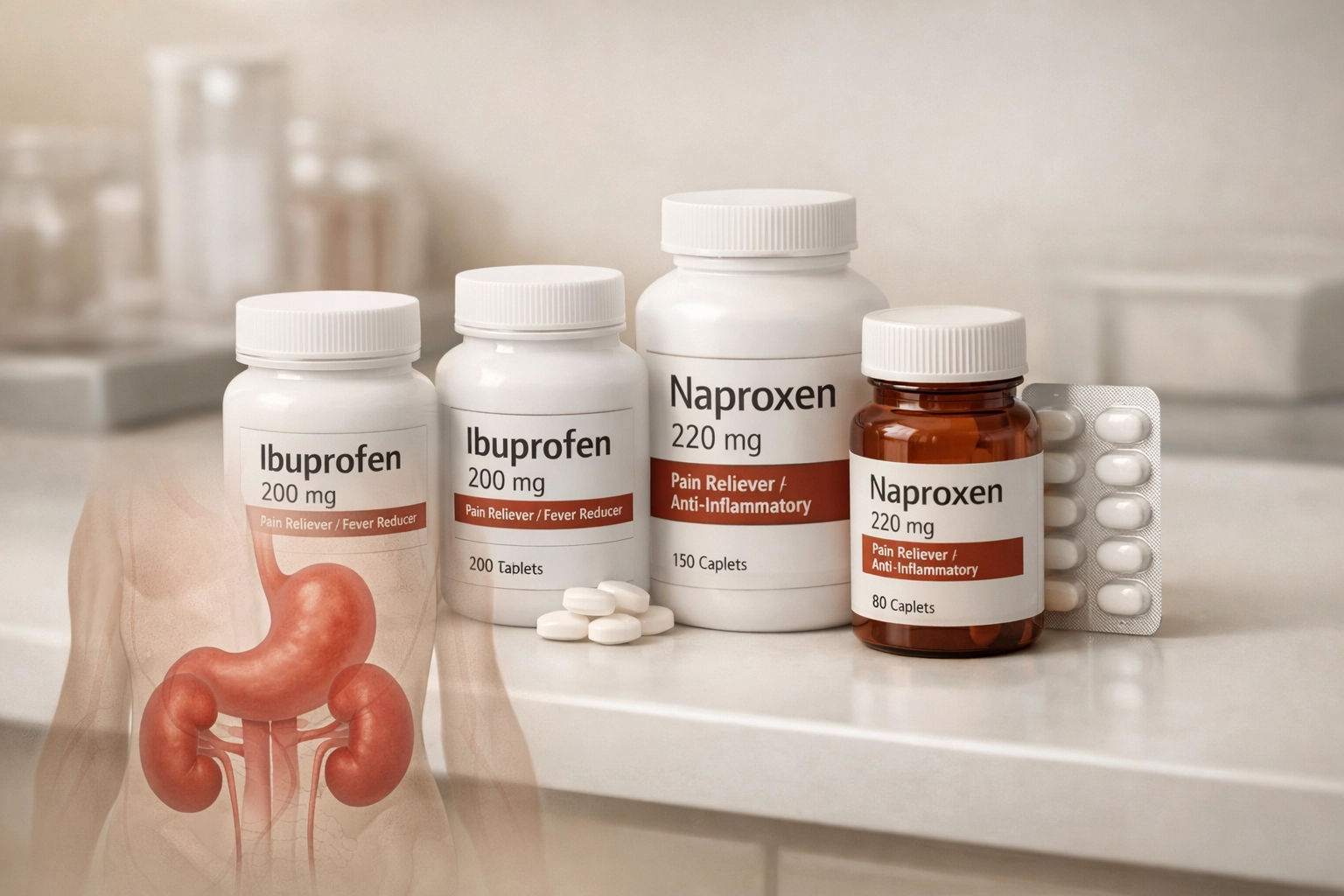 NSAID bottles showing how ibuprofen damages gut and kidneys in chronic pain patients