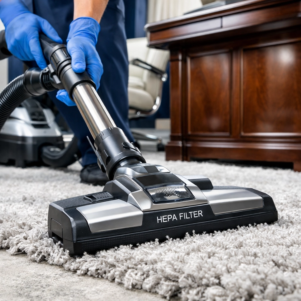 Professional HEPA-filter vacuuming as part of a high-end residential cleaning Massachusetts service in a home office.