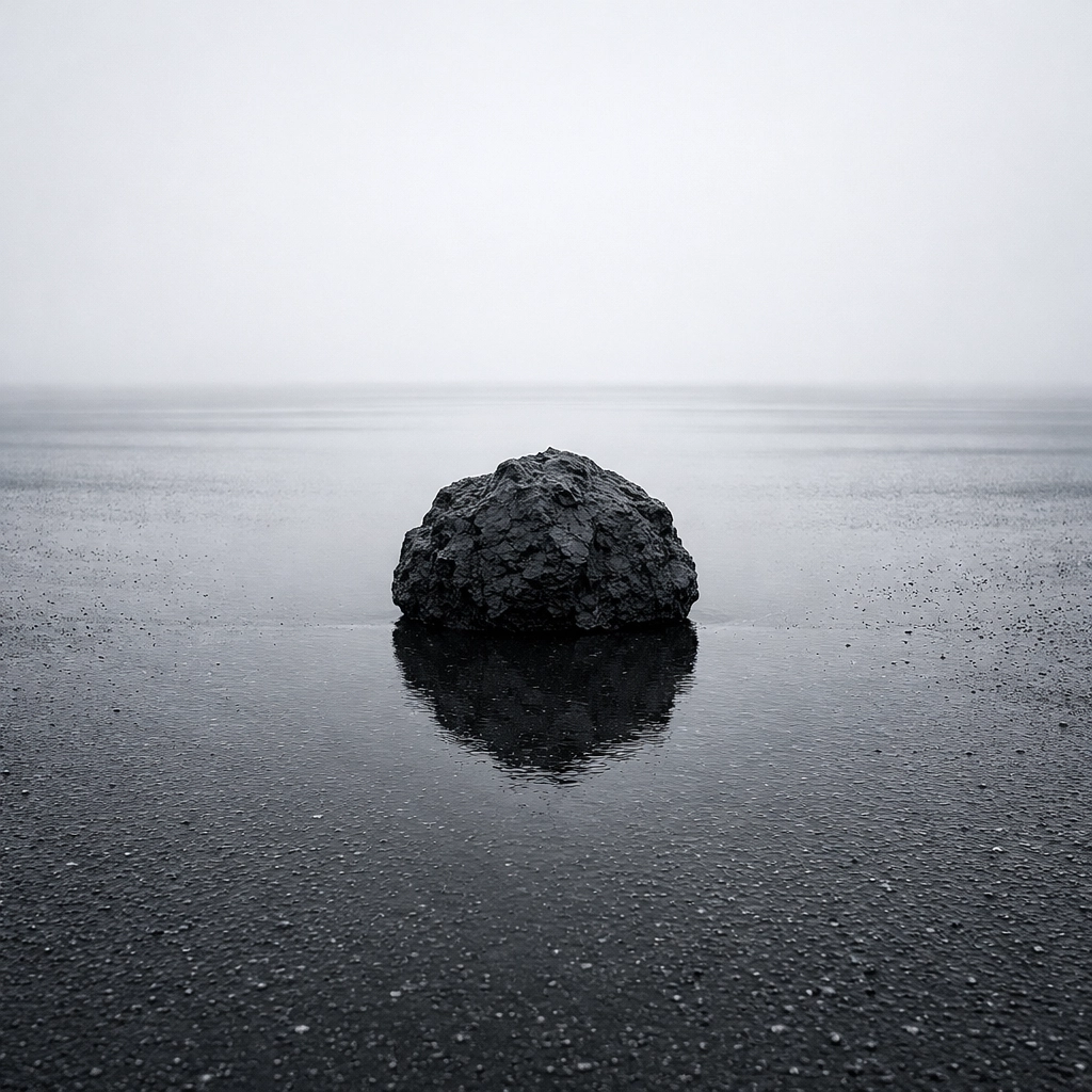 Symmetrical composition of a rock on a black sand beach, demonstrating creative landscape photography techniques.