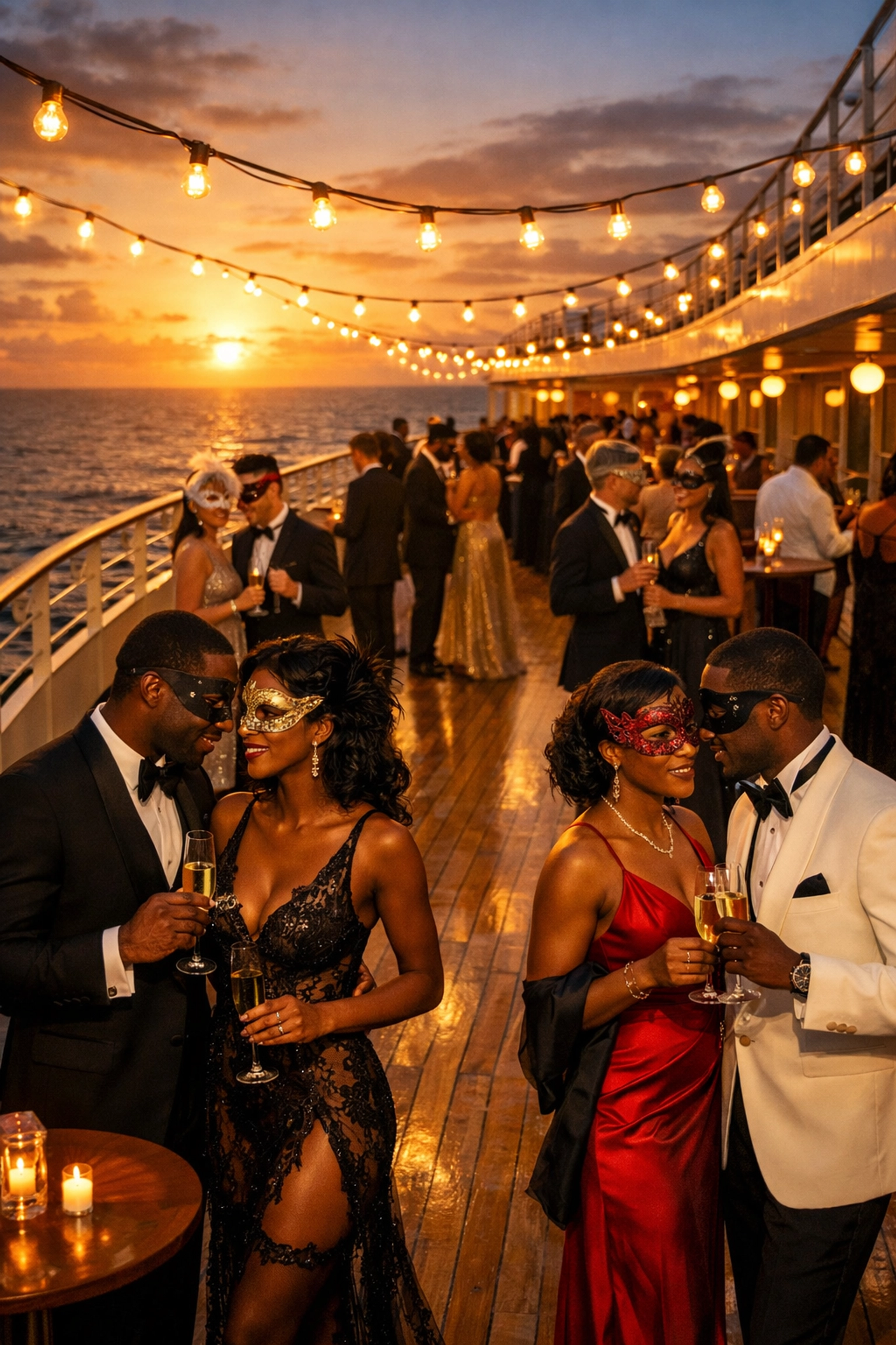 Masquerade theme night on cruise ship promenade deck with couples in formal attire