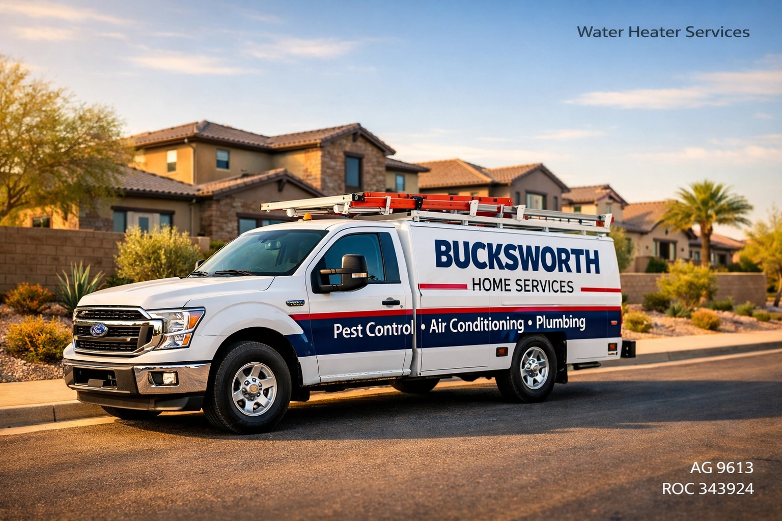 Bucksworth Home Services truck in a Surprise neighborhood providing reliable water heater repairs and maintenance.
