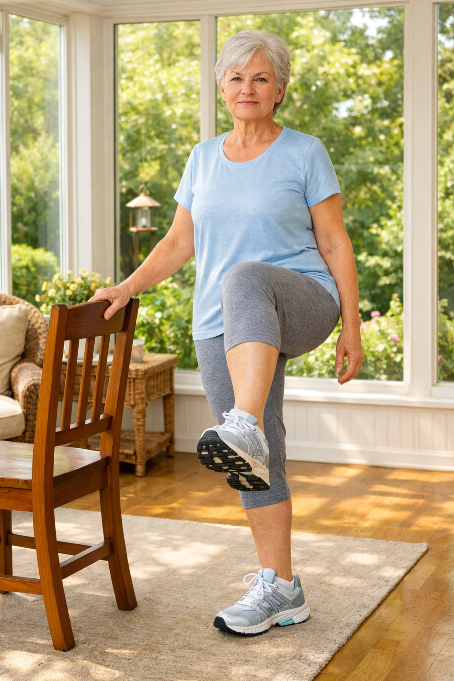 Senior woman performing balance exercises in a sunlit room using a chair for support and safety.