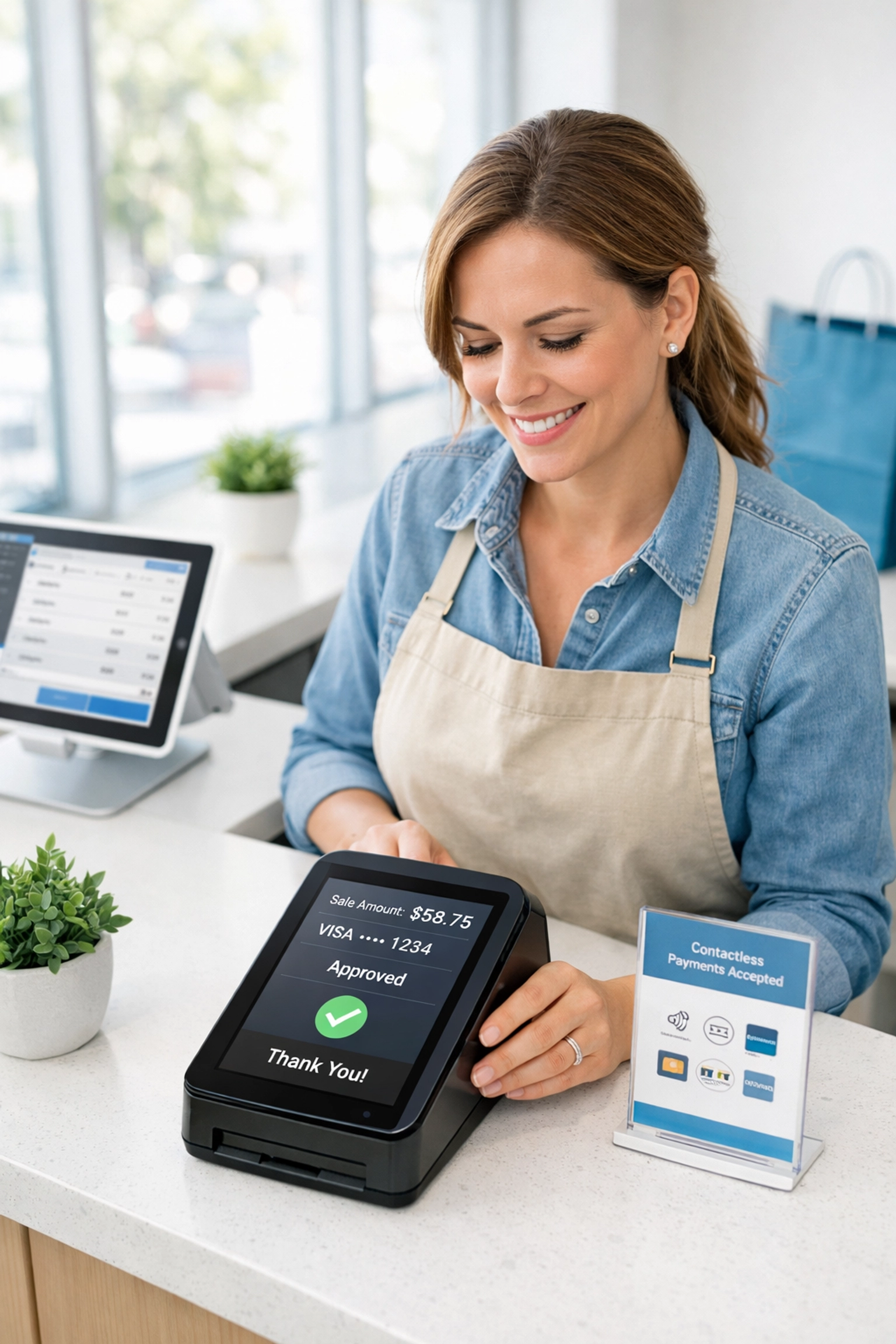 Small business owner reviewing payment terminal for credit card surcharging