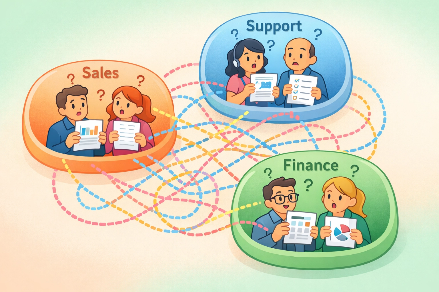 Confused team members in sales, support, and finance departments dealing with disconnected data silos