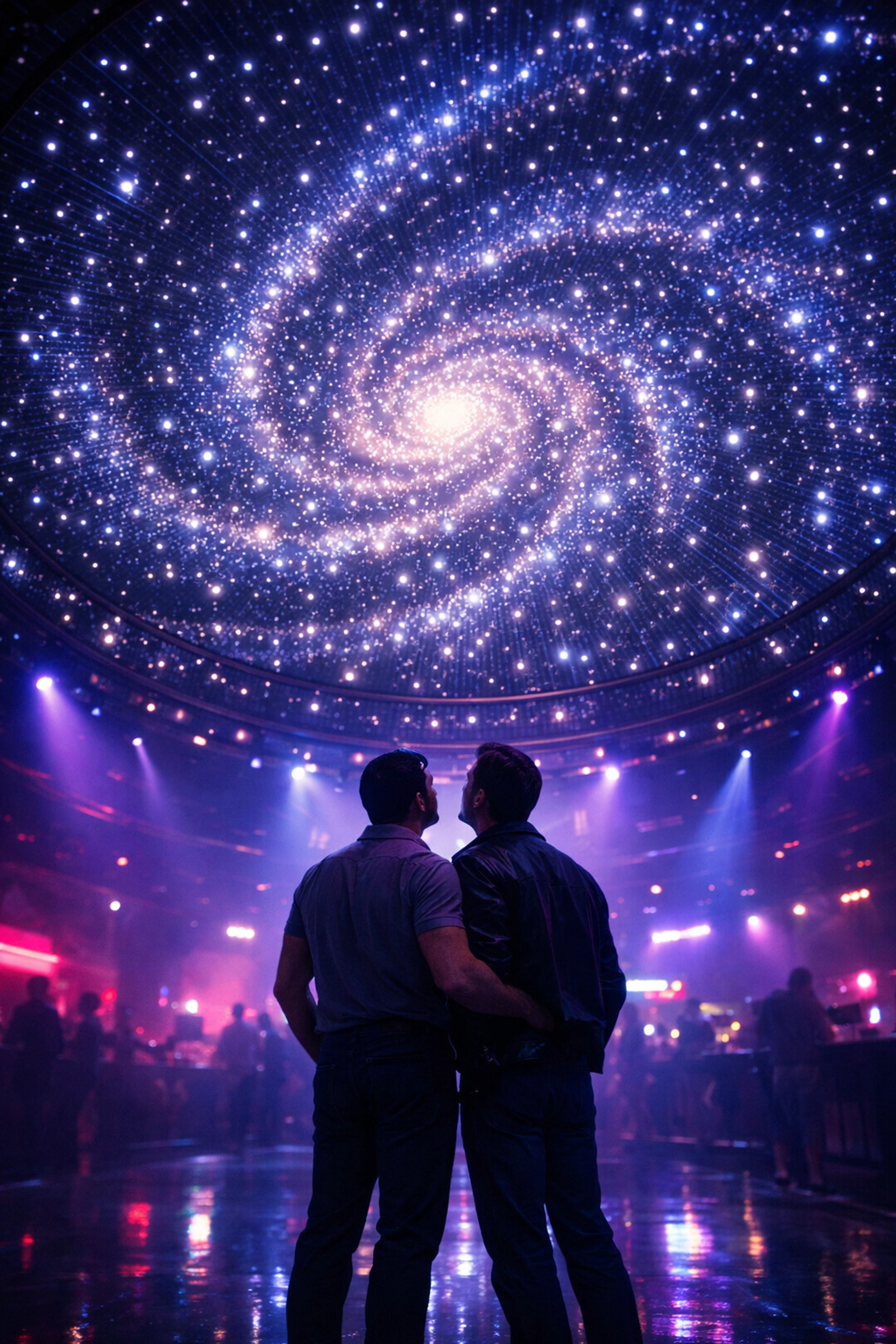 Two men marvel at The Saint's iconic 76-foot illuminated dome in 1980s NYC gay nightclub